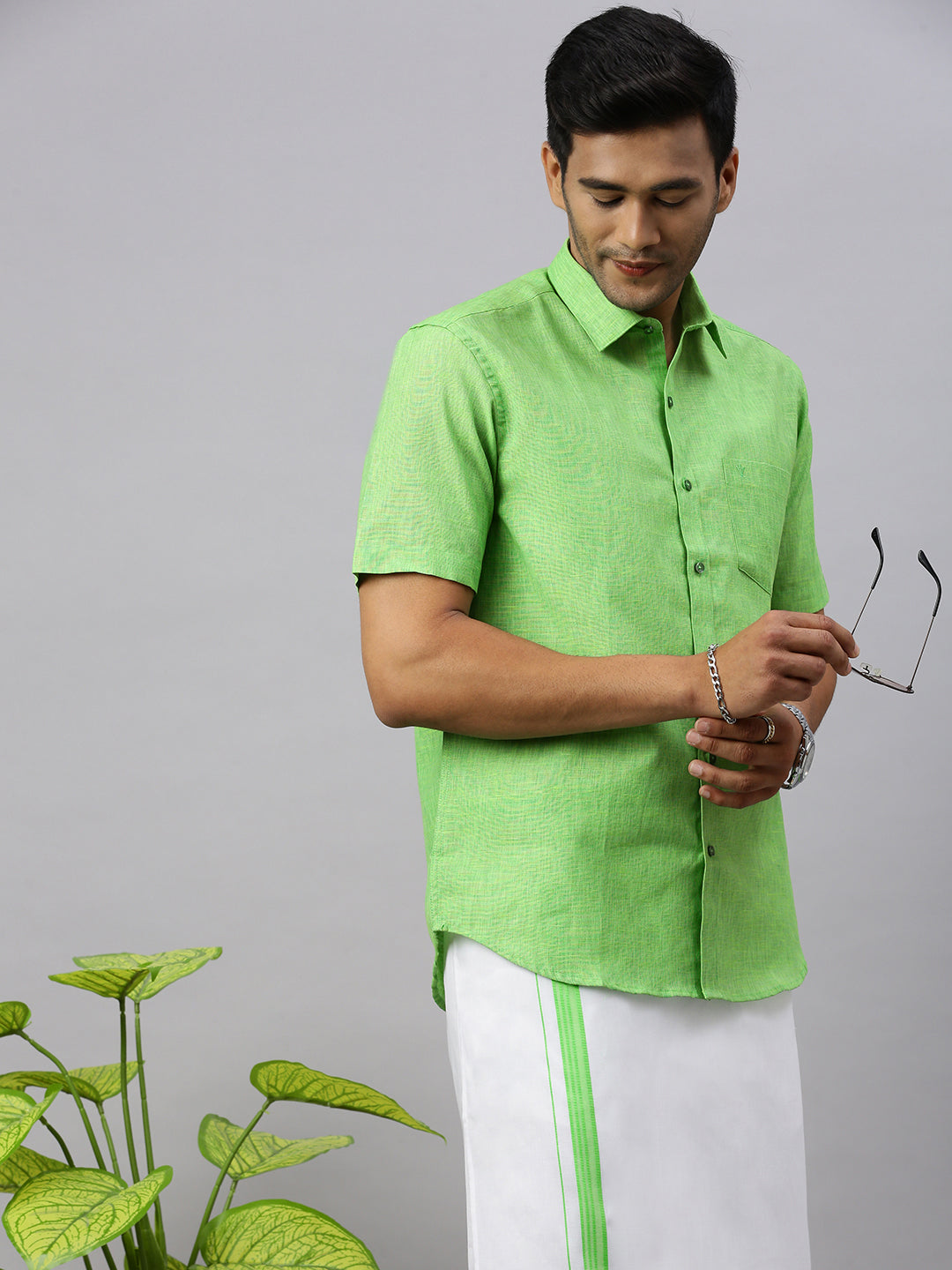 Mens Matching Border Adjustable Dhoti & Half Sleeves Shirt Set Green CC6