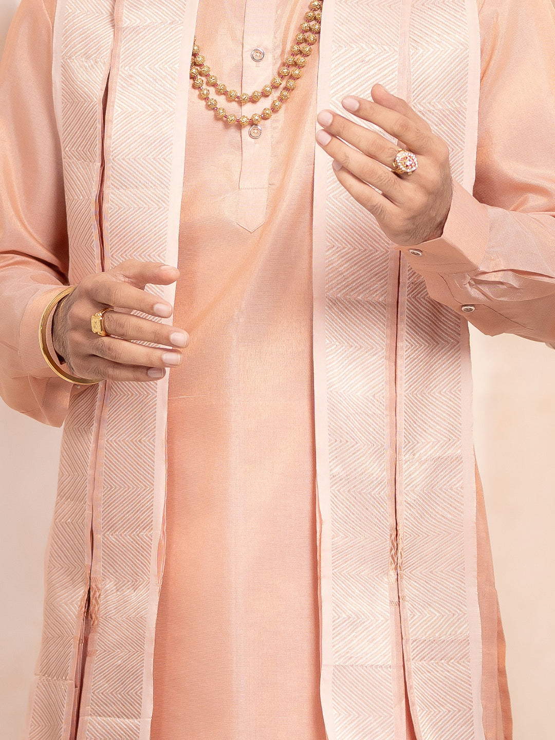 Pure Silk Copper Tissue Weaving Rose Gold Meena Jari Dhoti Shirting & Towel Set with 2½" Jari Border – Rajahamsa