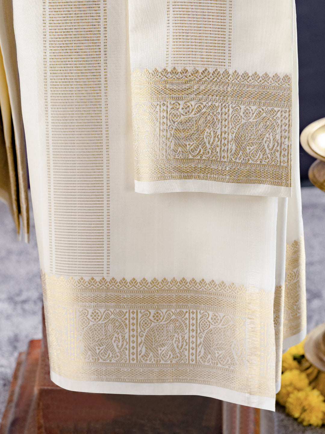 Premium Pure Silk Gold Jari Elephant Design Dhoti Shirting & Towel Set with 5" Jari Border – Rajadharbar
