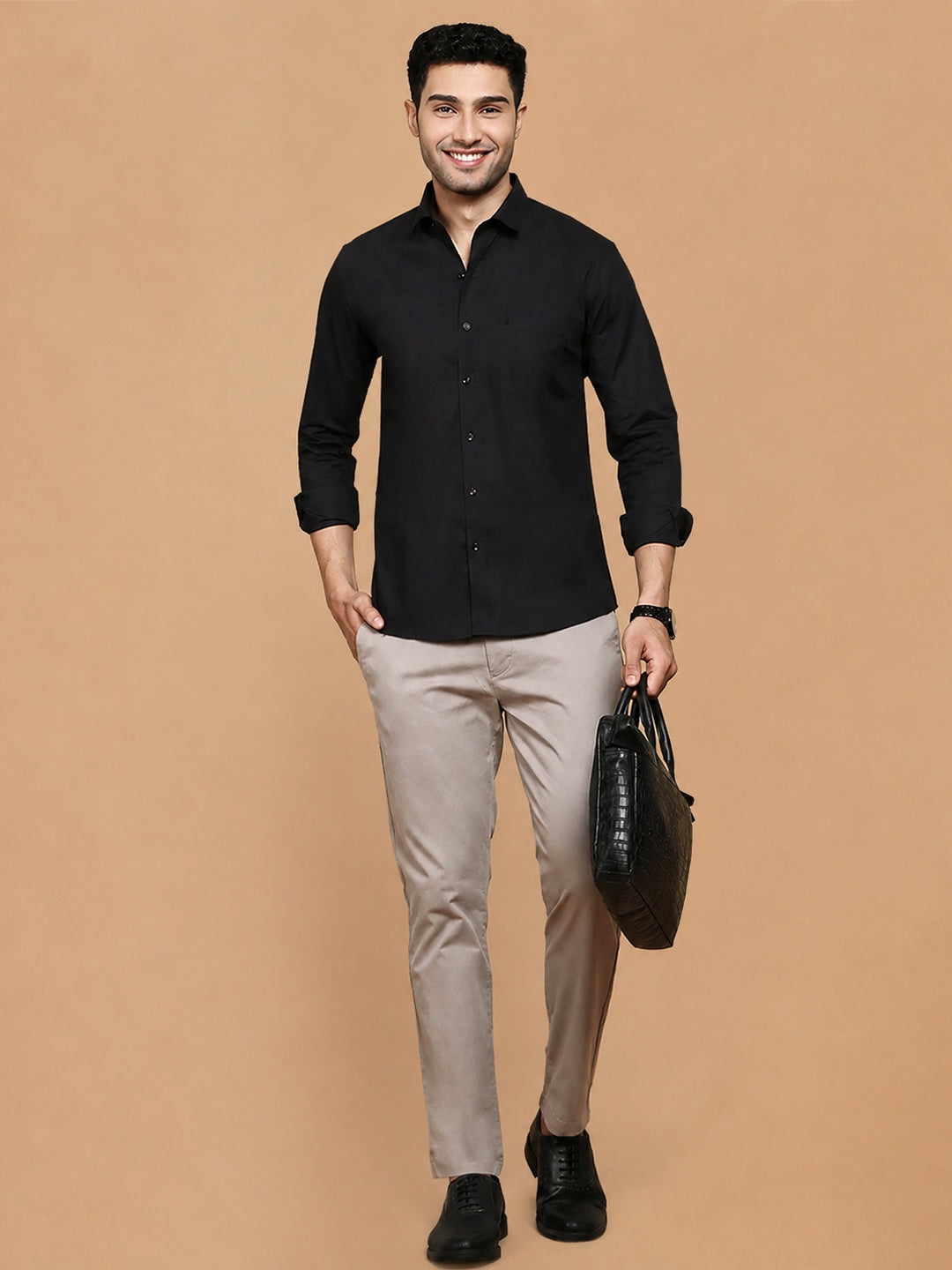Cotton Spandex Black 2 Way Stretch Smart Fit Shirt LY10