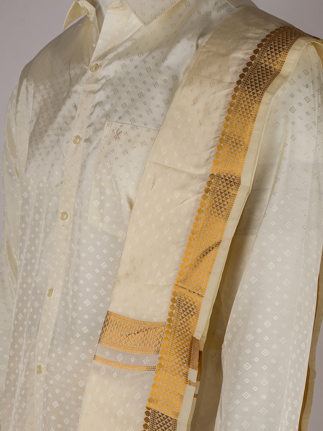 Men Art Silk Cream Self Design Shirt & Dhoti Towel Set Parinayam Grand CRJD1