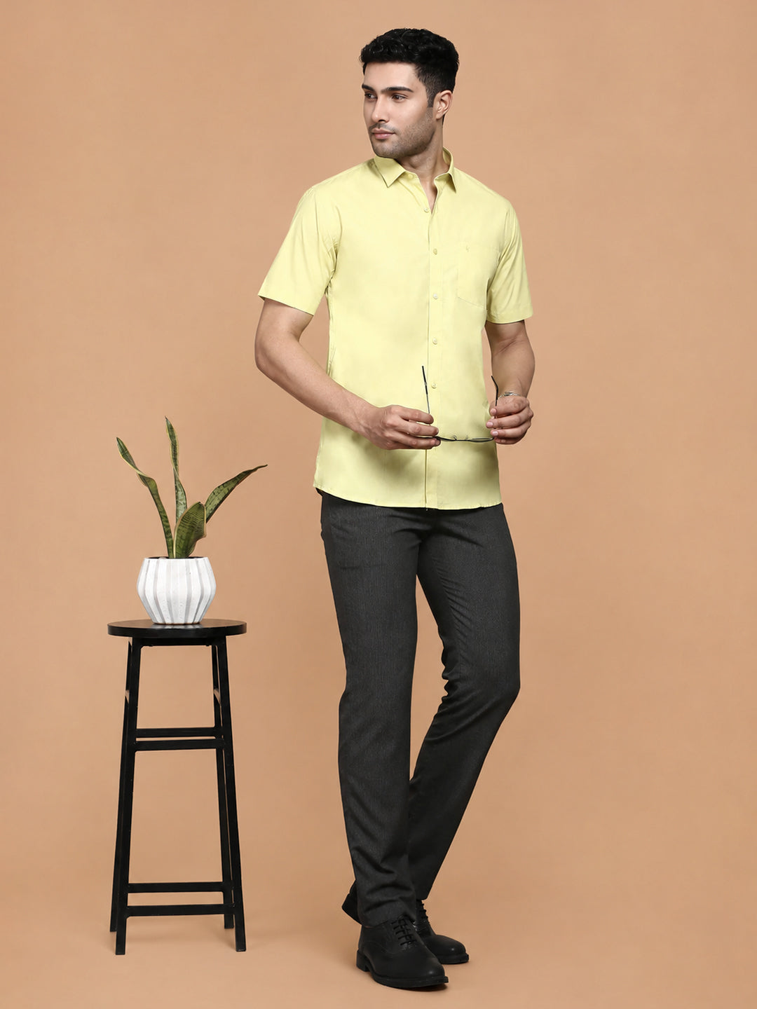 Cotton Spandex Yellow 2 Way Stretch Smart Fit Shirt LY3
