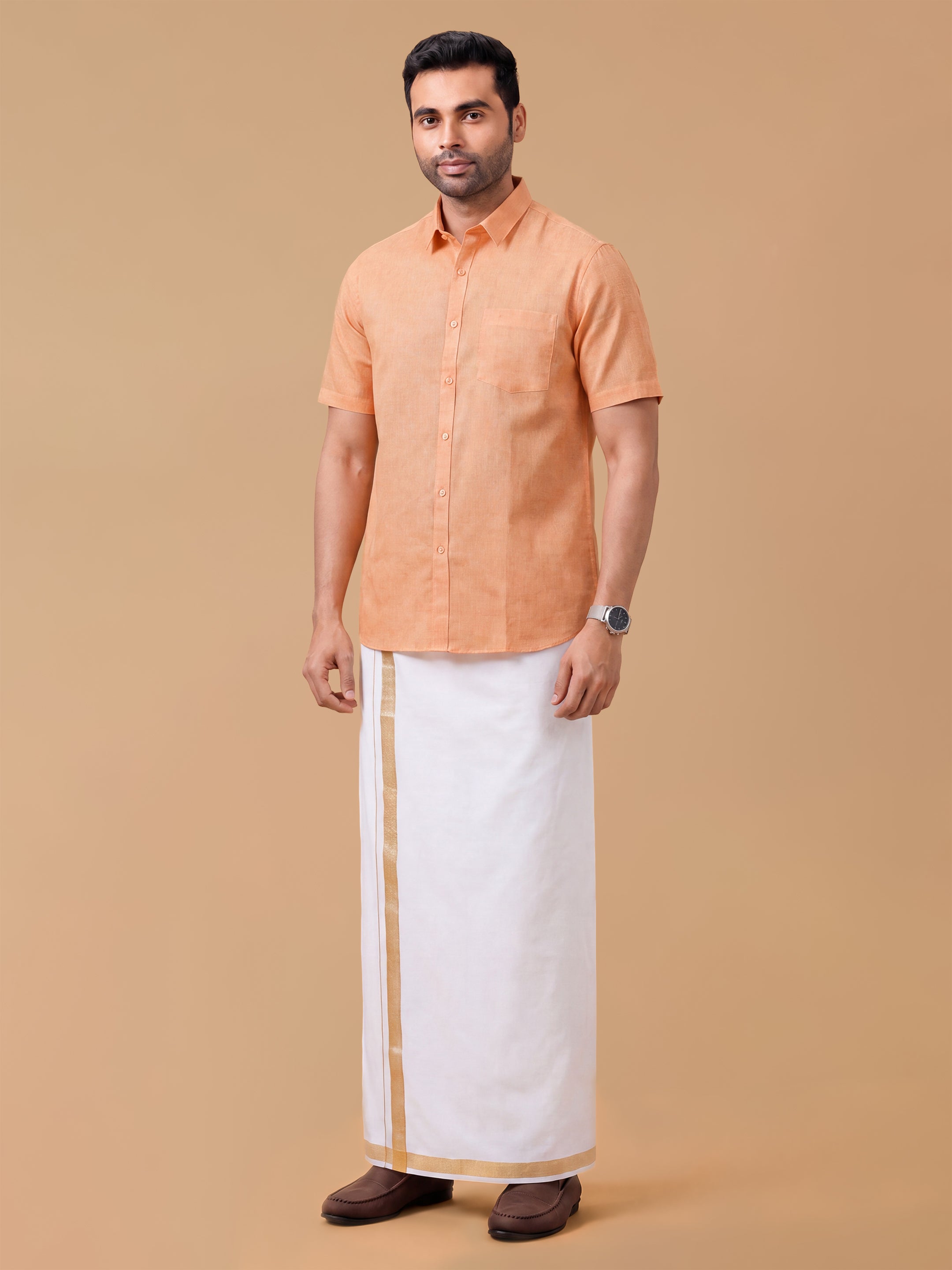 Cotton Rich Reddish Orange Regular Fit Shirt T3 CV14