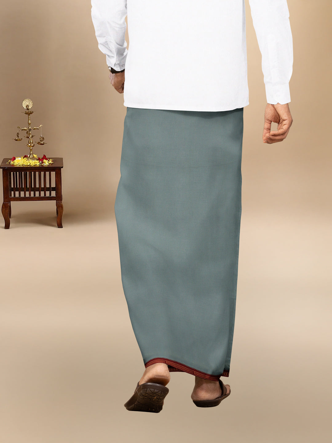 Men 100% Cotton Single Layer Cement Dhoti with Mayilkhan Border Slokam (4 Way Dhoti )