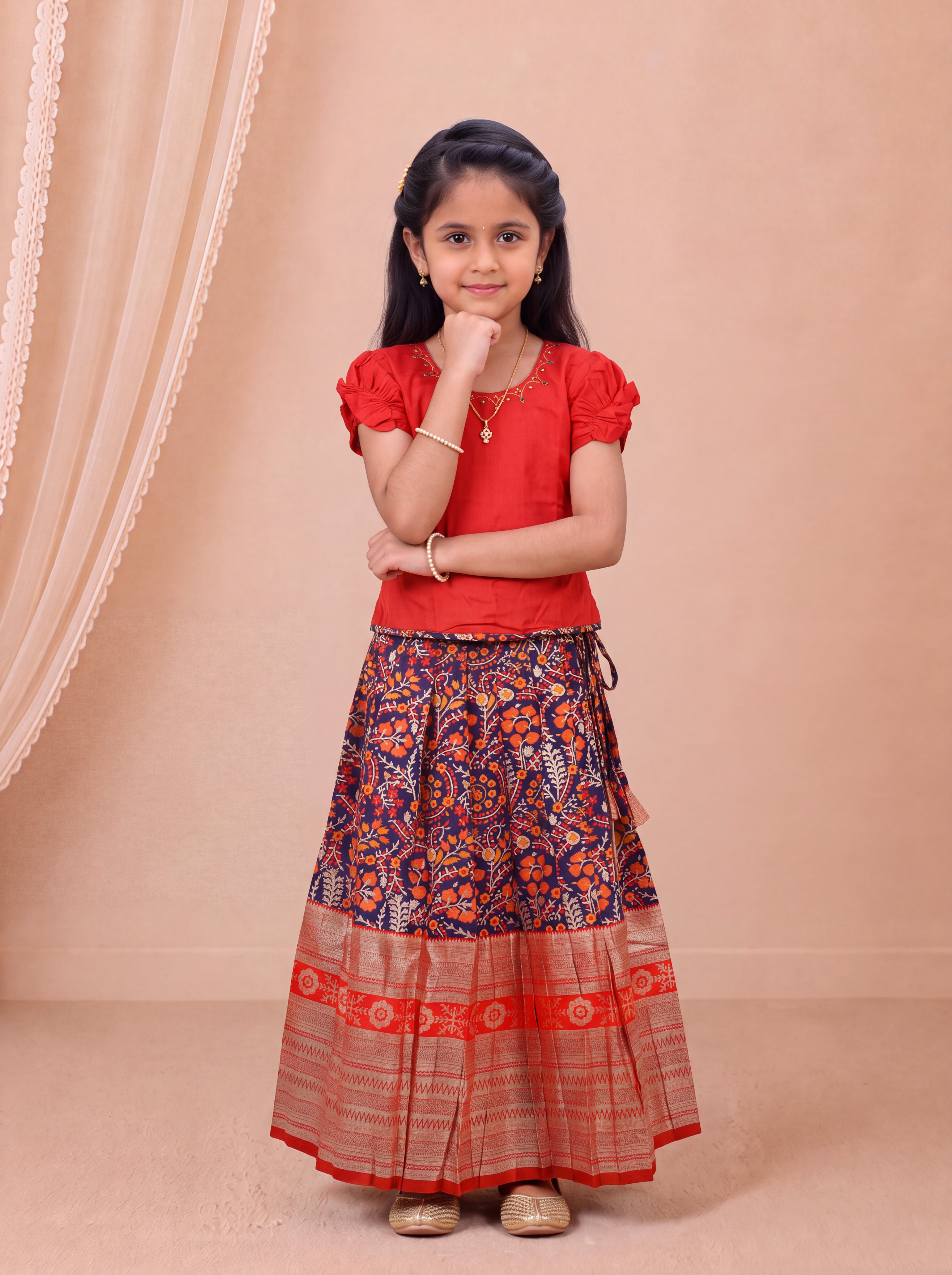Girls Silk Cotton Red with Violet Pattu Pavadai Set GPS60
