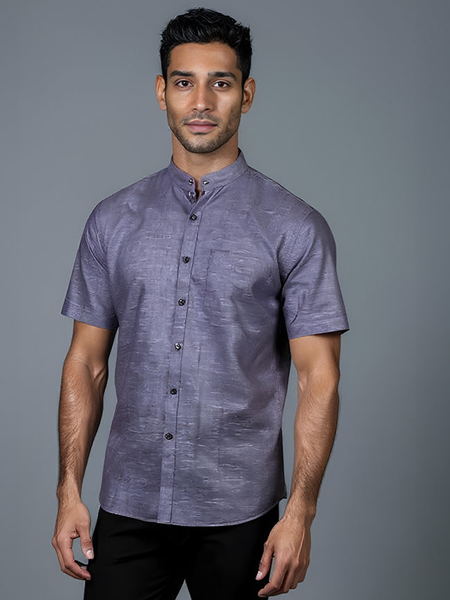Men Cyan Blue Linen Cotton Chinese Collar Shirt LF6
