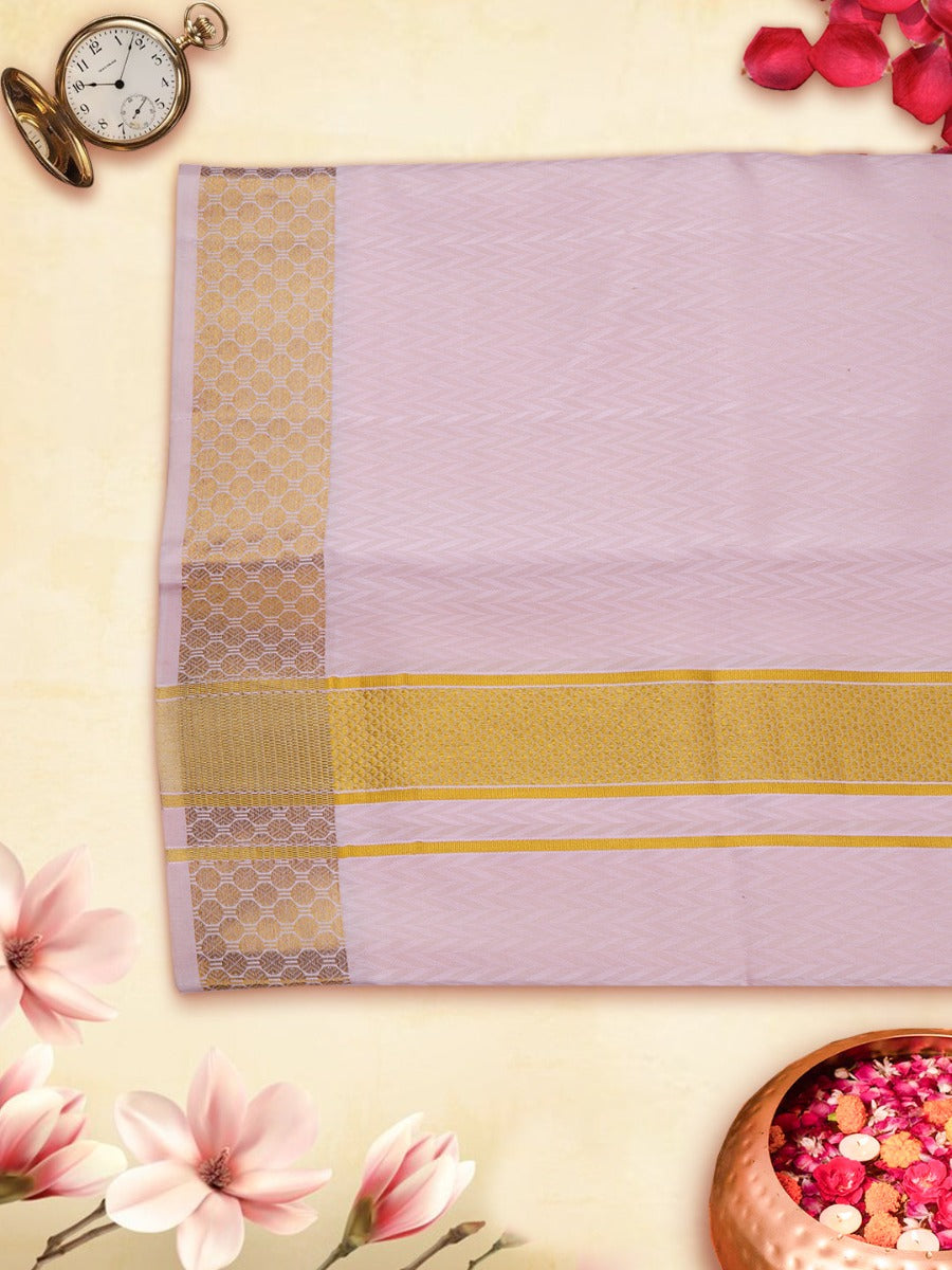 Premium Pure Silk Baby Pink Shirt Bit with Embossed 2 1/2" Gold Jari Border Dhoti & Angavasthram Set Rajahamsa