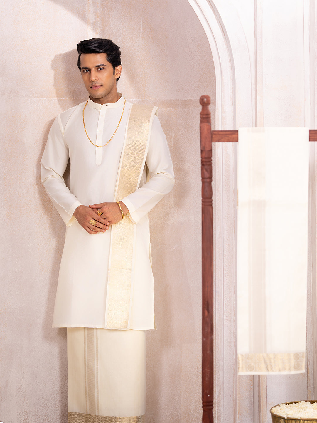 Premium Pure Silk Cream Plain Dhoti Shirting & Towel Set 4" Jari Border – Rajadharbar