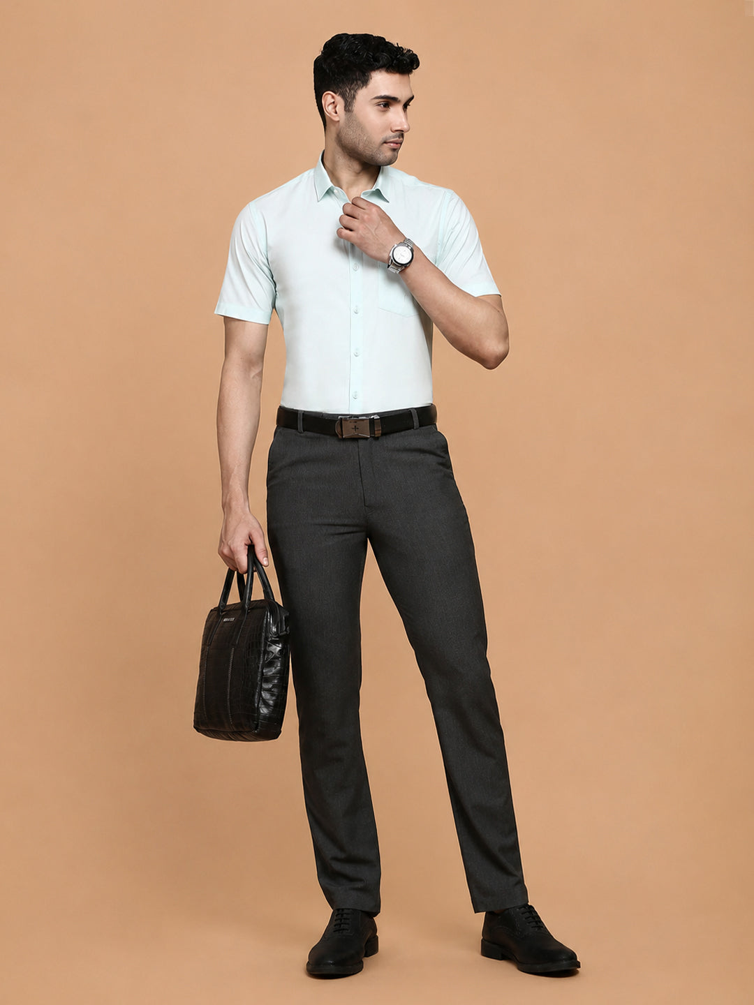 Cotton Spandex Pale Green 2 Way Stretch Smart Fit Shirt LY1
