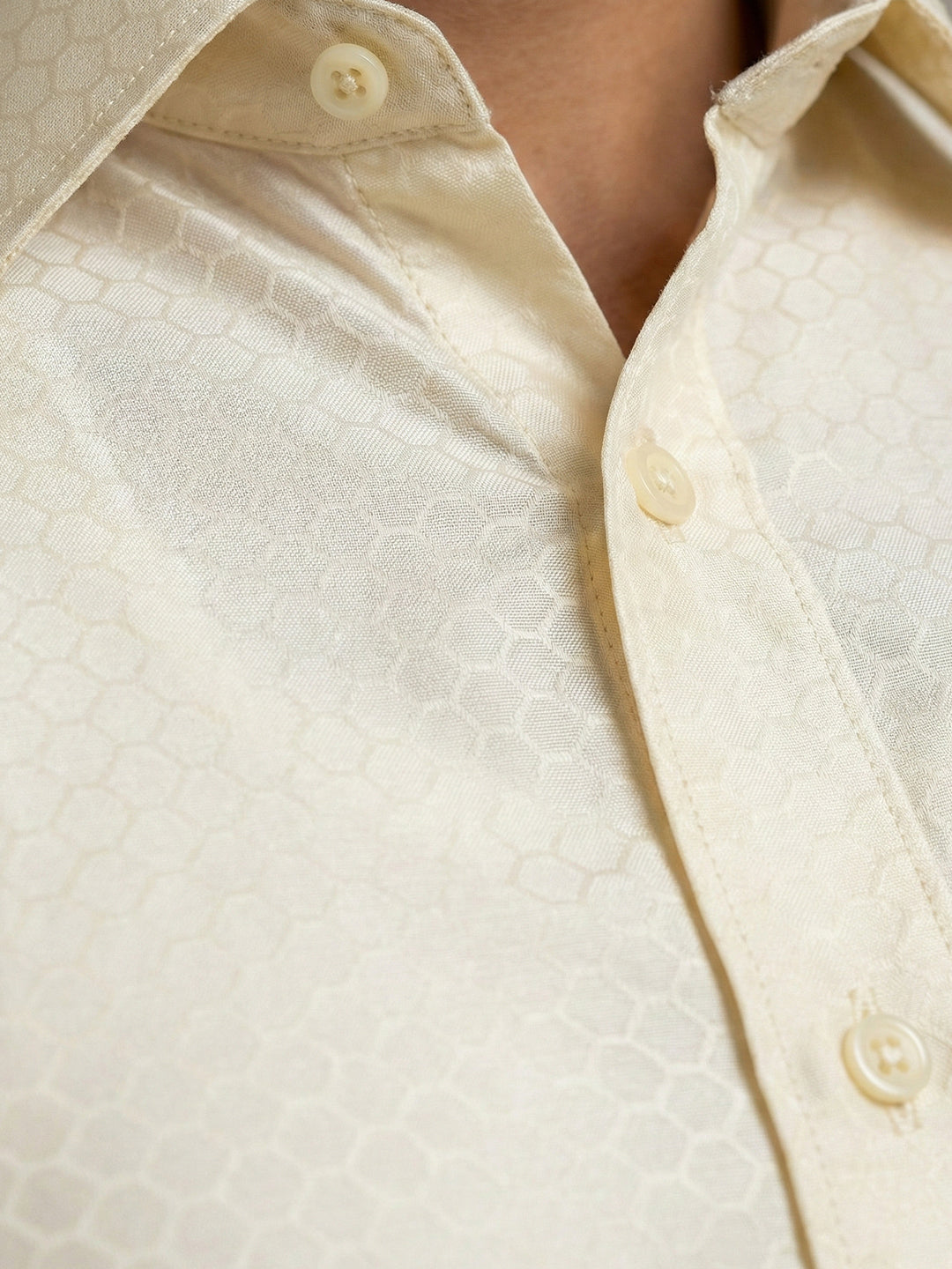 Men Art Silk Self Design Shirt with Readymade Dhoti & Towel Set Cream CRJD3