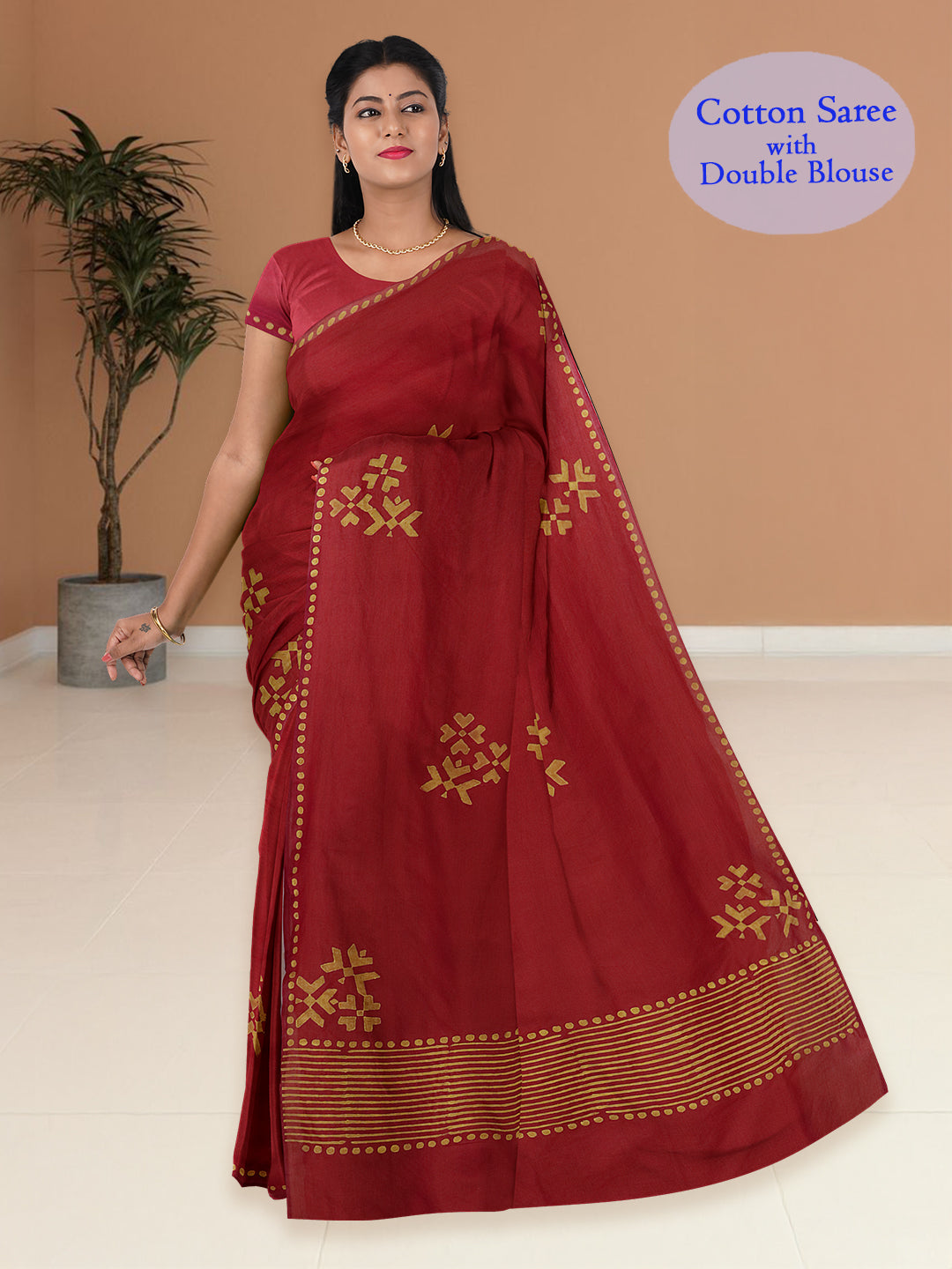 Women Dark Orange Cotton Saree with Double Blouse PCS211