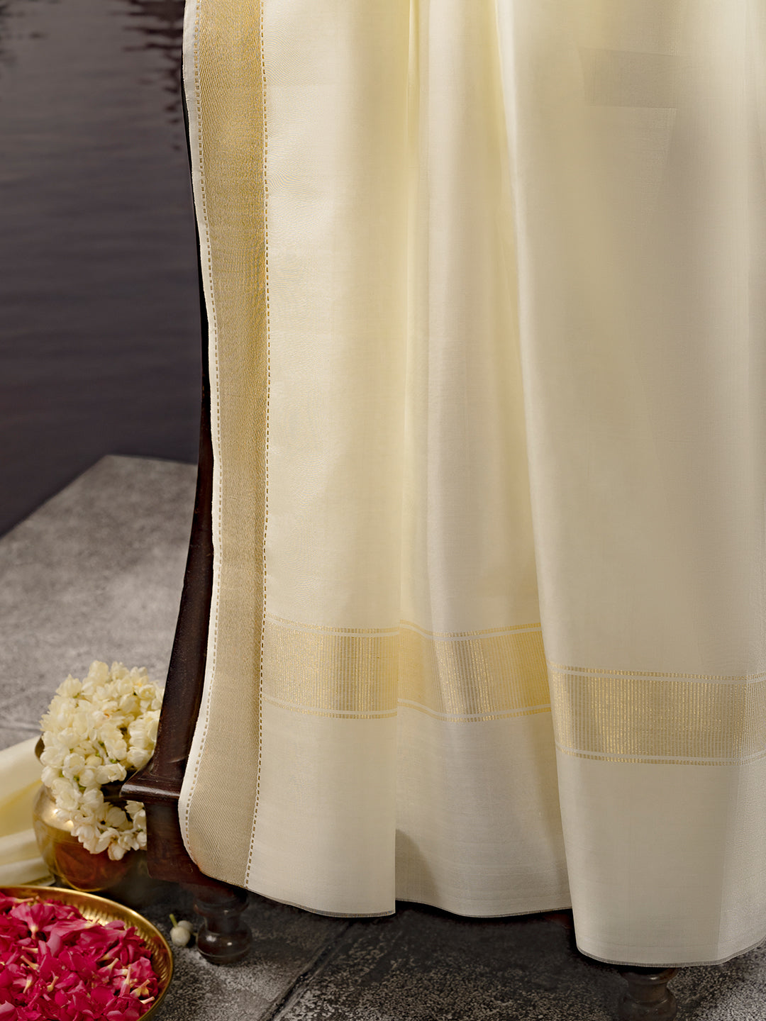 Premium Pure Silk Cream Plain Dhoti Shirting & Towel Set with 3" Jari Border – Rajadharbar