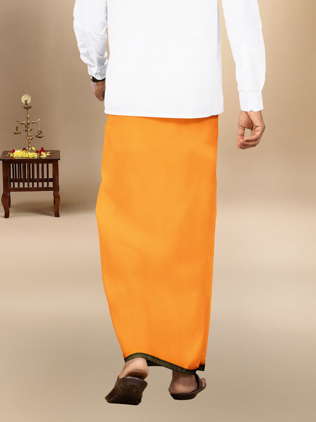 Men 100% Cotton Single Layer Mango Dhoti with Mayilkhan Border Slokam (4 Way Dhoti )
