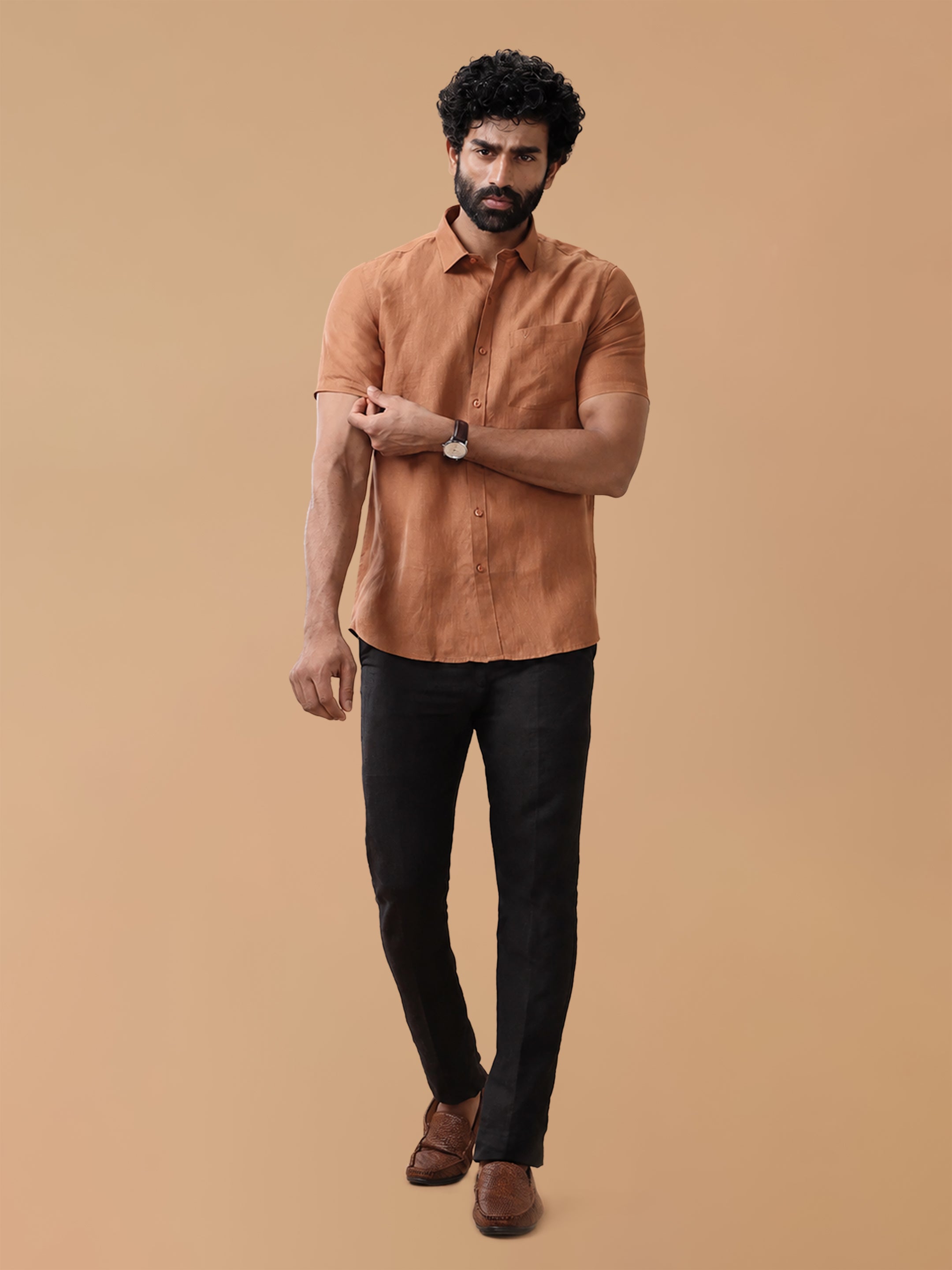 Pure Linen Rust Brown Smart Fit Shirt L115
