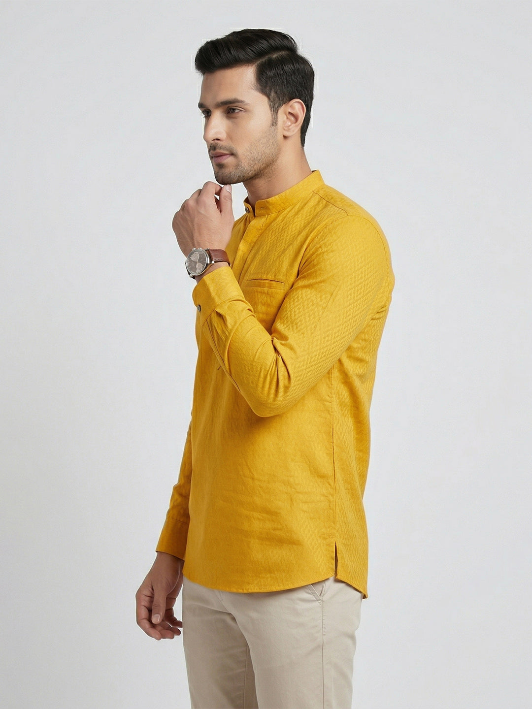 Men Cotton Short Length Self Design Pocket Kurta Glitter Yellow Y26