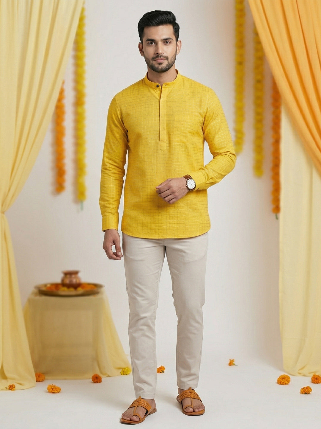 Men Cotton Short Length Self Design with Checked Pocket Kurta Yellow Gold Glitter Y30