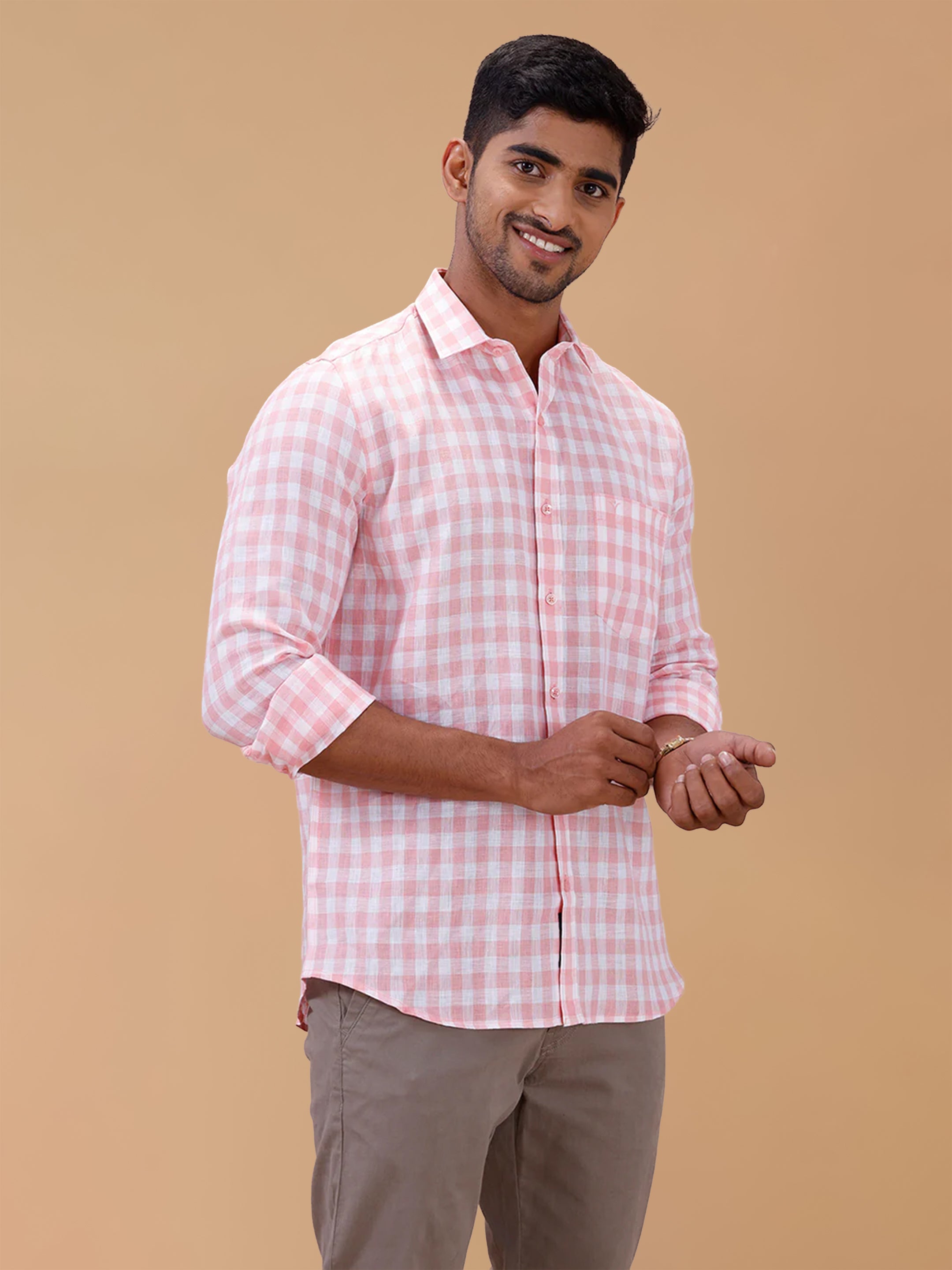 Pure Linen Rose Bud Checked Smart Fit Shirt LS2