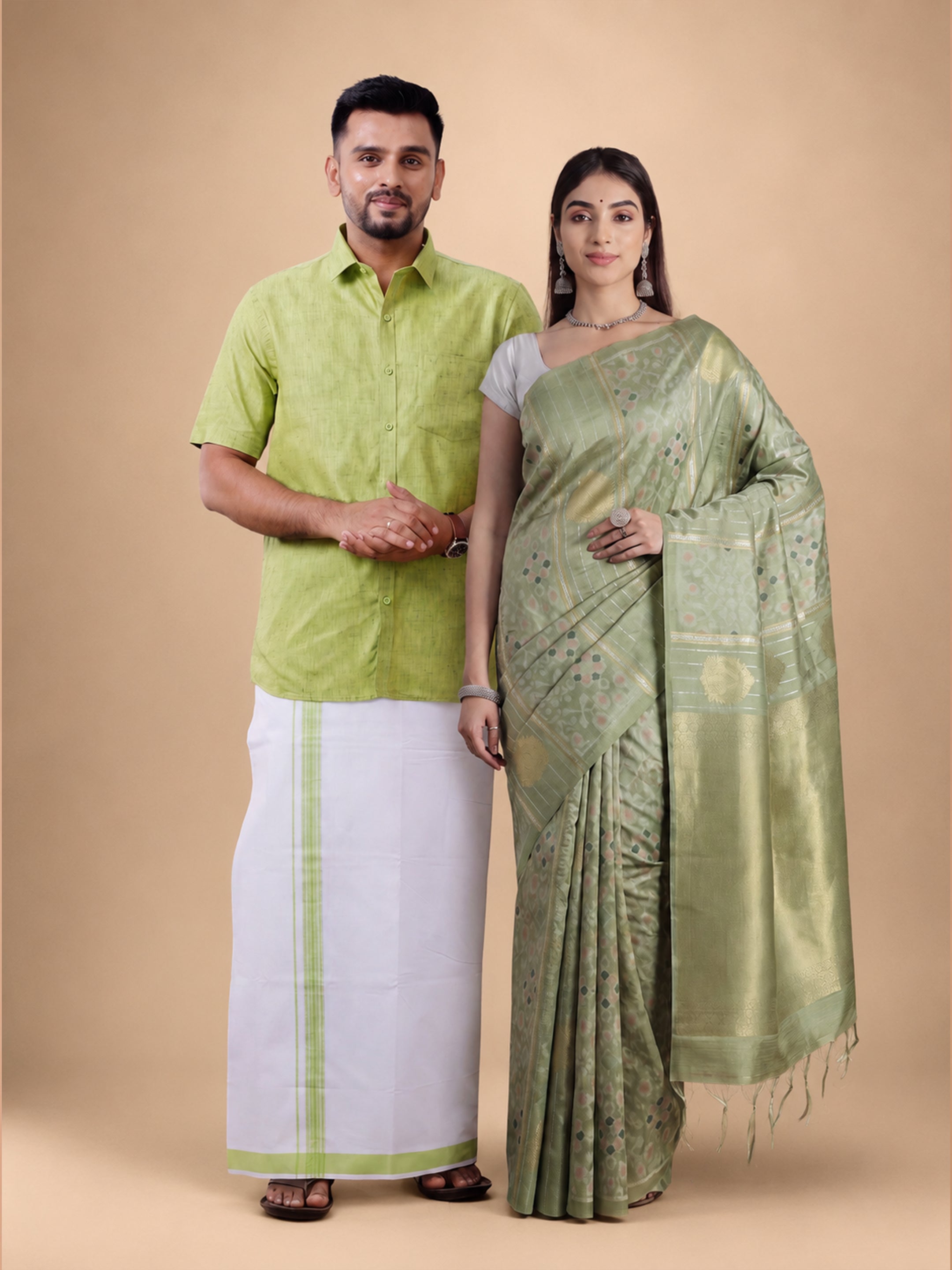 Couple Combo Shirt & Dhoti Set with Saree Green ST318