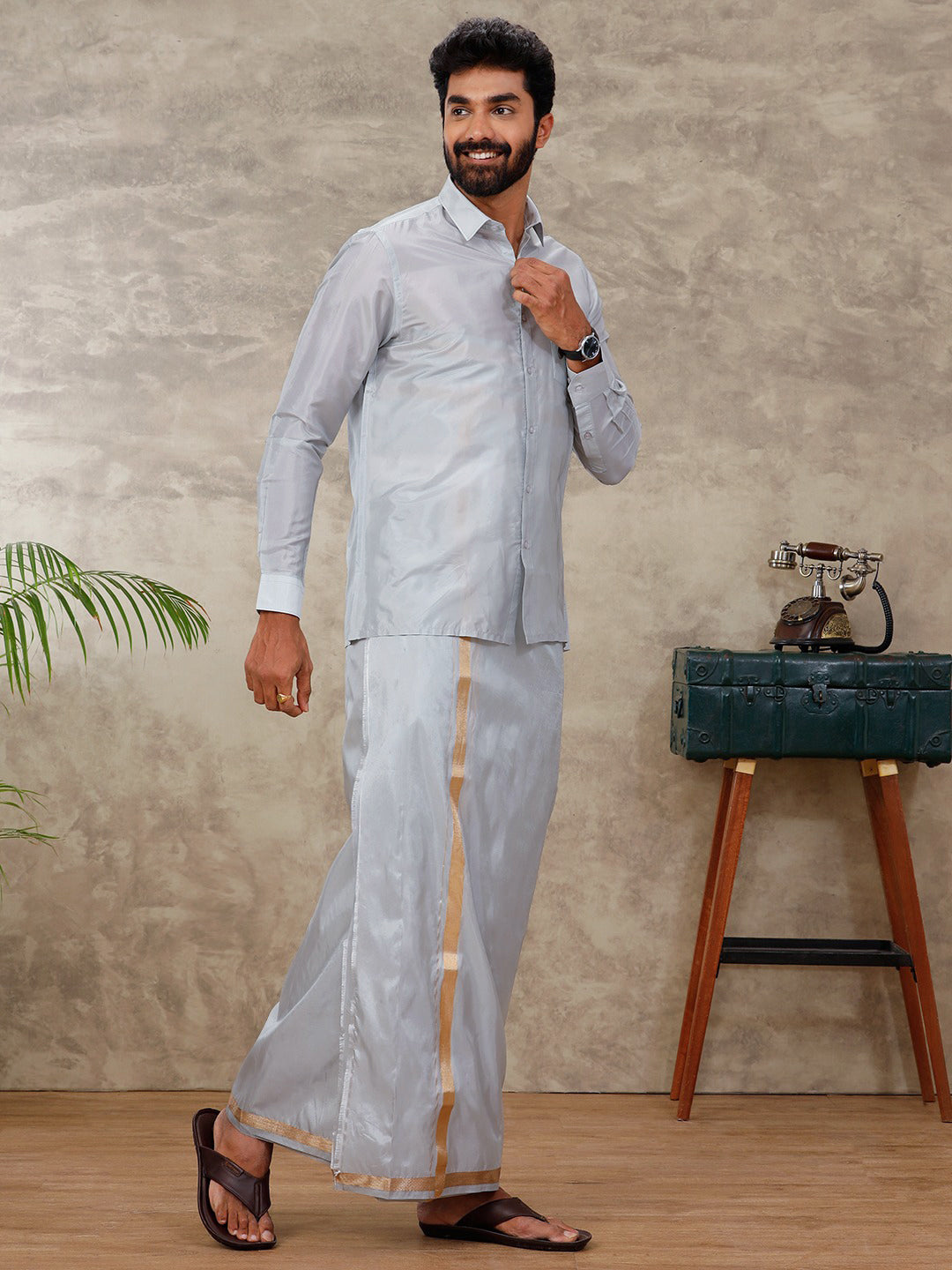 Couple Combo Shirt & Dhoti Set with Saree Silver Grey ASS95