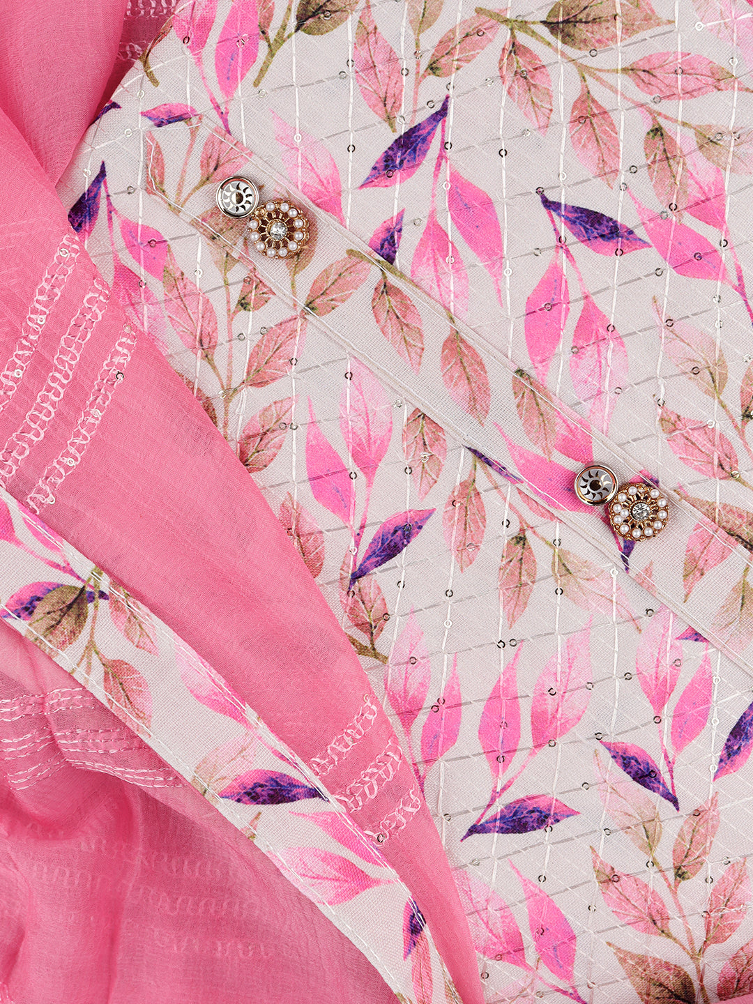 Women's Multicolor Leaf Design Digital Print Threaded Sequin Unstitched Cotton Dress Material DM137