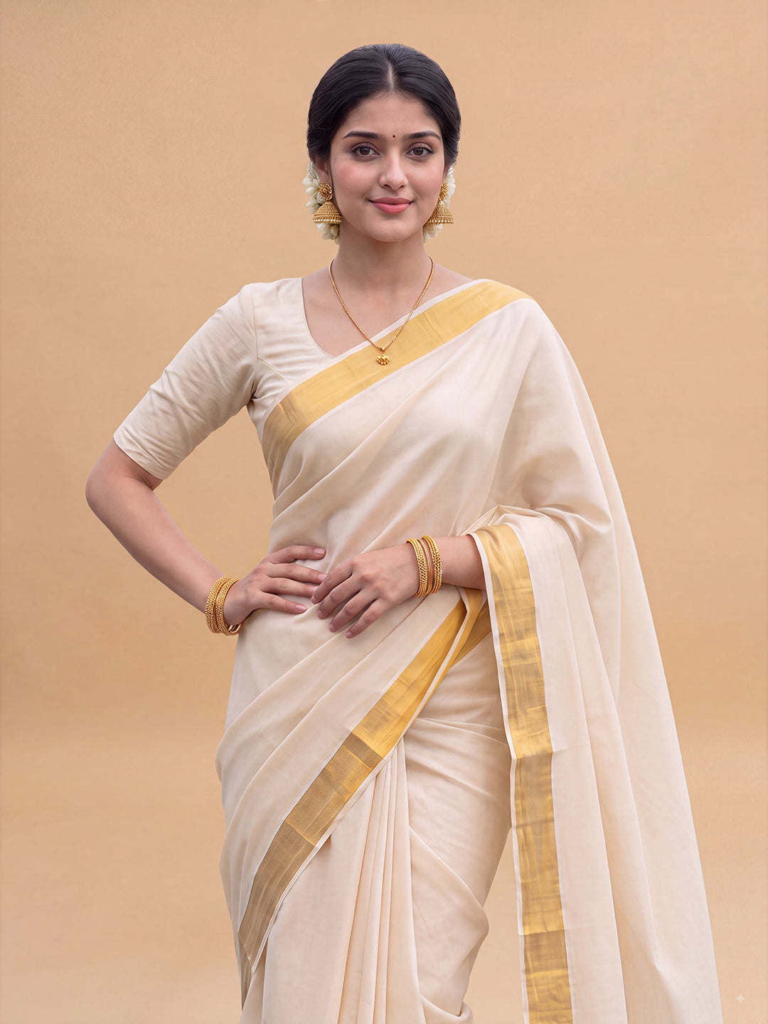 Women Kora Cotton Kerala Saree with Gold Jari KLS66