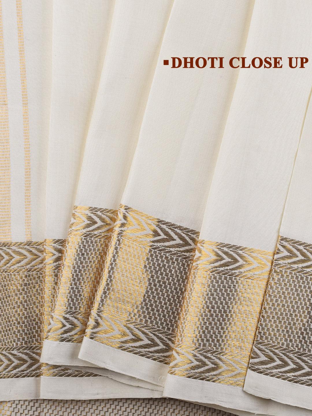 Men Pure Silk Cream Dhoti with 3 1/2 " inch Gold Jari Border Klasam