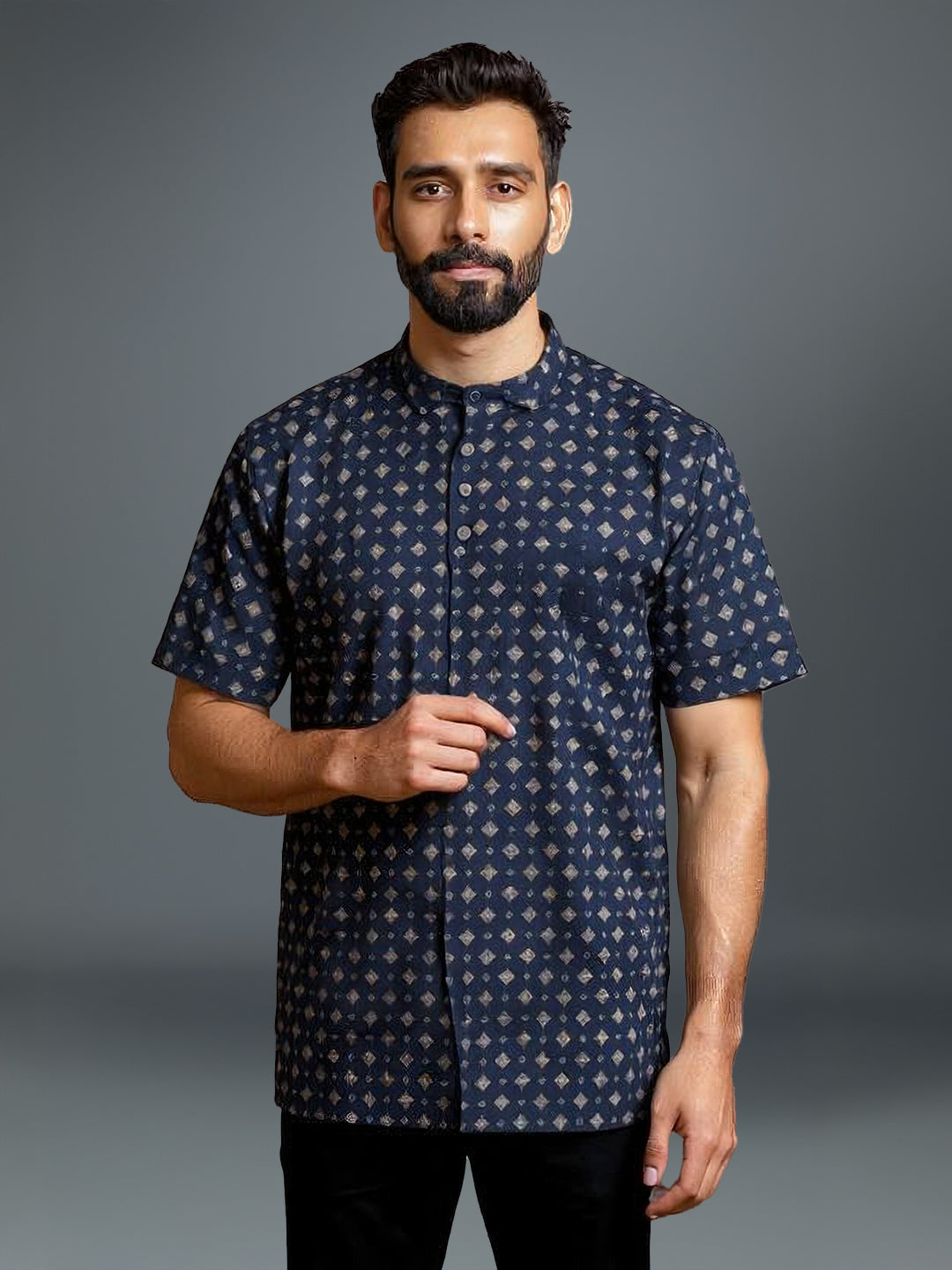 Men Cotton Short Length Printed Pocket Kurta Ink Blue OE1