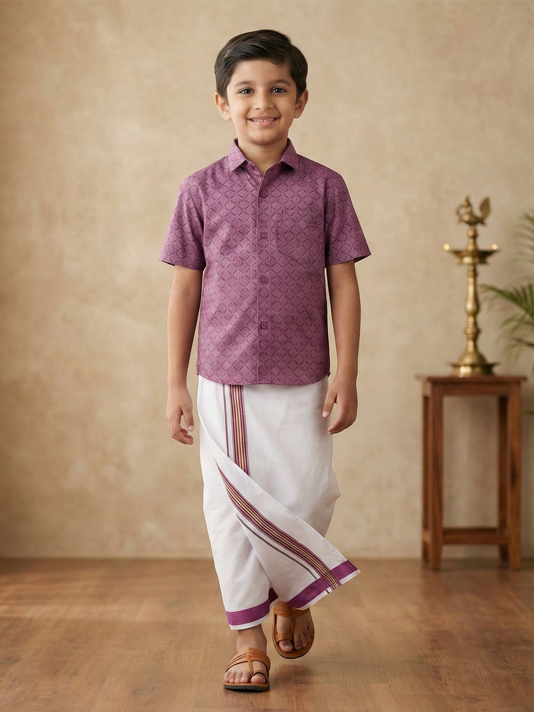 Like Father Like Son Matching Border Dhoti with Printed Shirt Combo Set Dark Magenta PS28