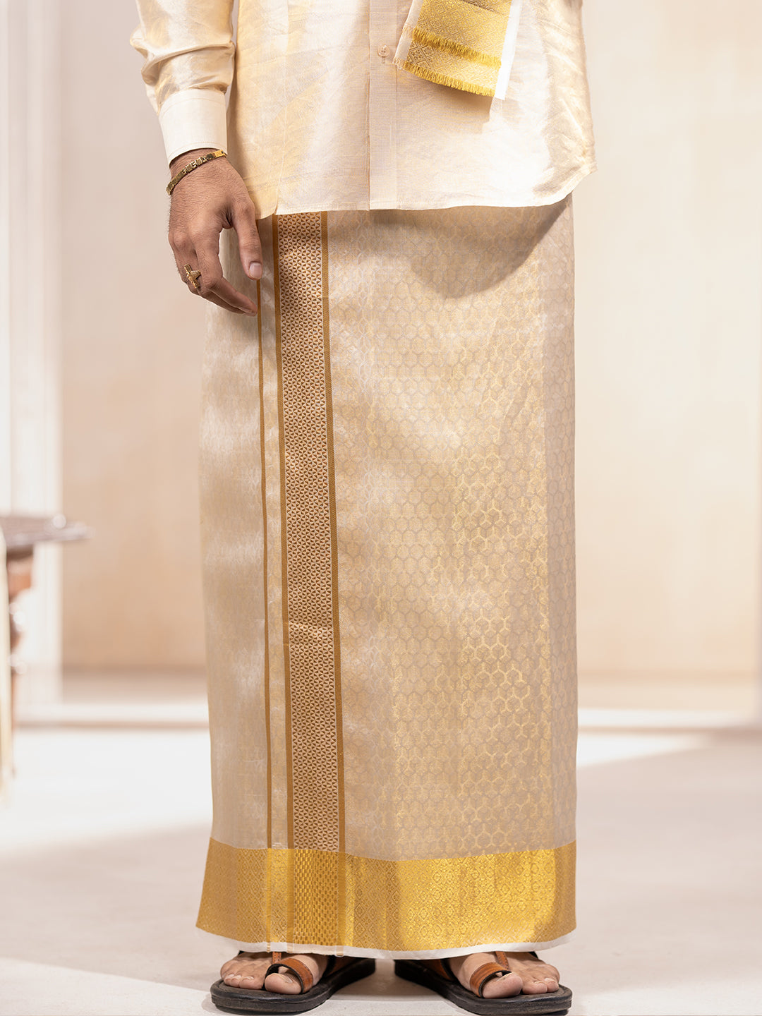 Pure Silk Embossed Tissue Jari Weaving Dhoti Shirting & Towel Set with 4" Jari Border – Rajahamsa