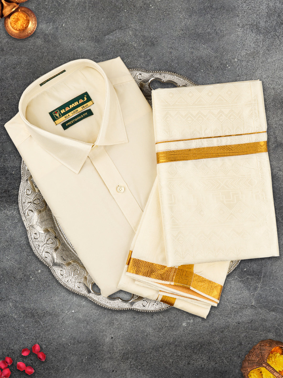 Mens Wedding Art Silk Cream Full Sleeve Shirt,Dhoti with Towel Set