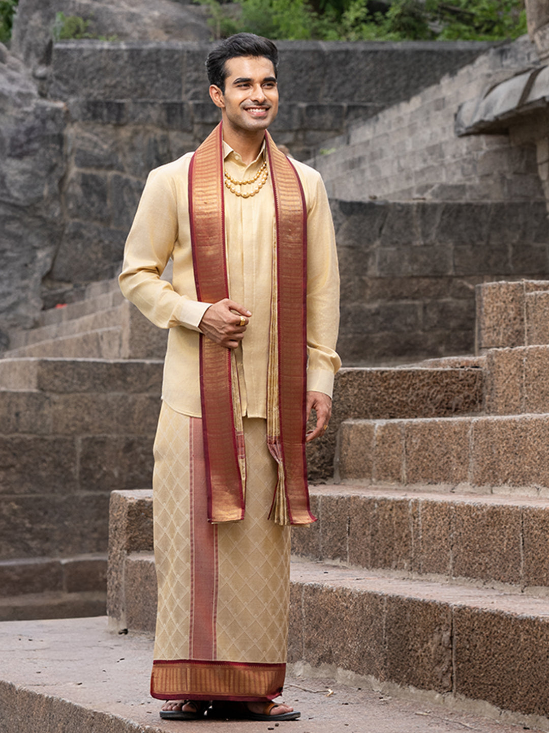 Pure Silk 4½" Fawn Dhoti & Towel Set – Amirtham Korvai Jari Self-Weaving Design