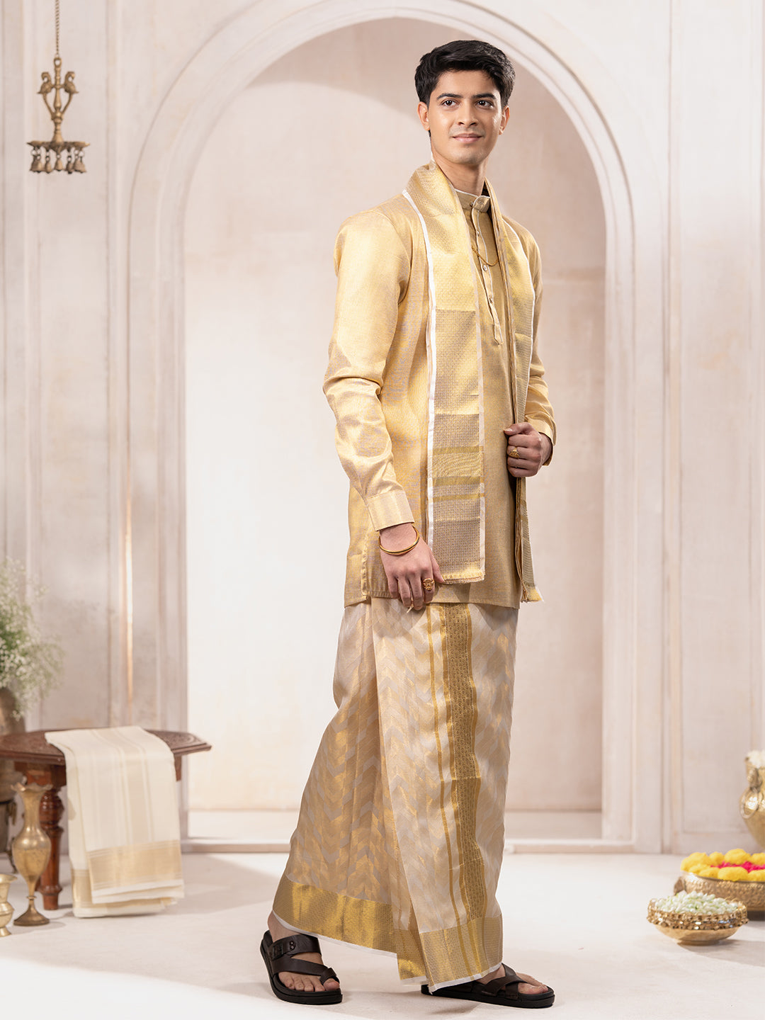 Pure Silk Embossed Tissue Jari Weaving Dhoti Shirting & Towel Set with 5" Jari Border – Rajahamsa