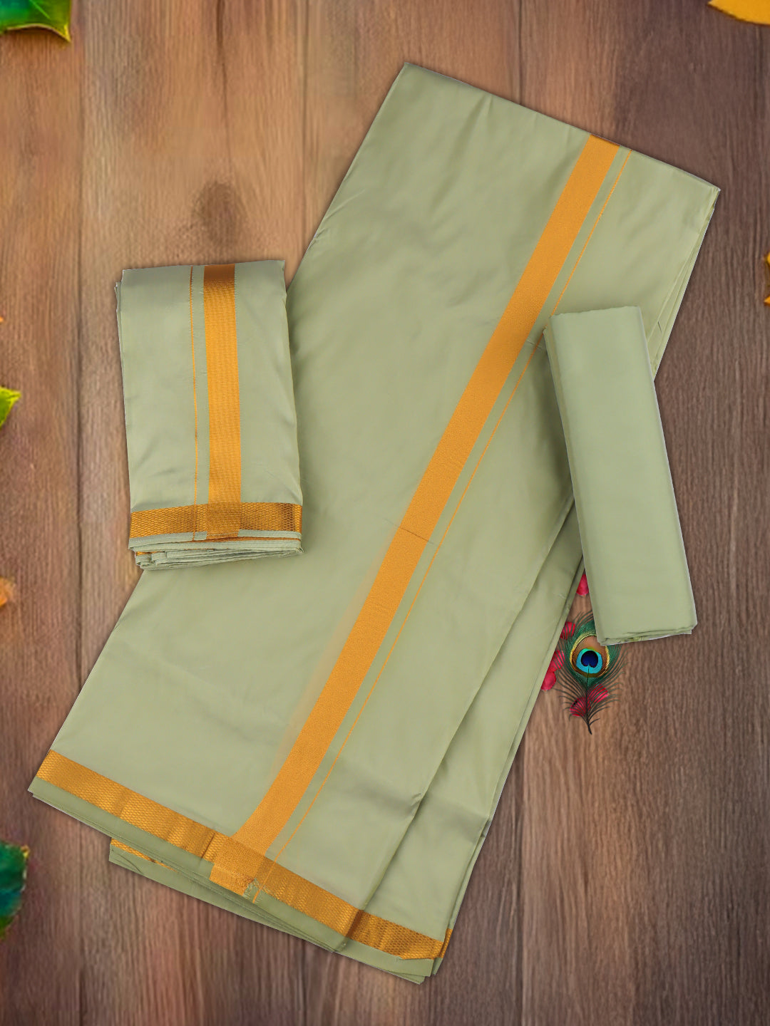 Men Art Silk Jari Dhoti & Shirting Set F.Green Ashirwath(3*1)