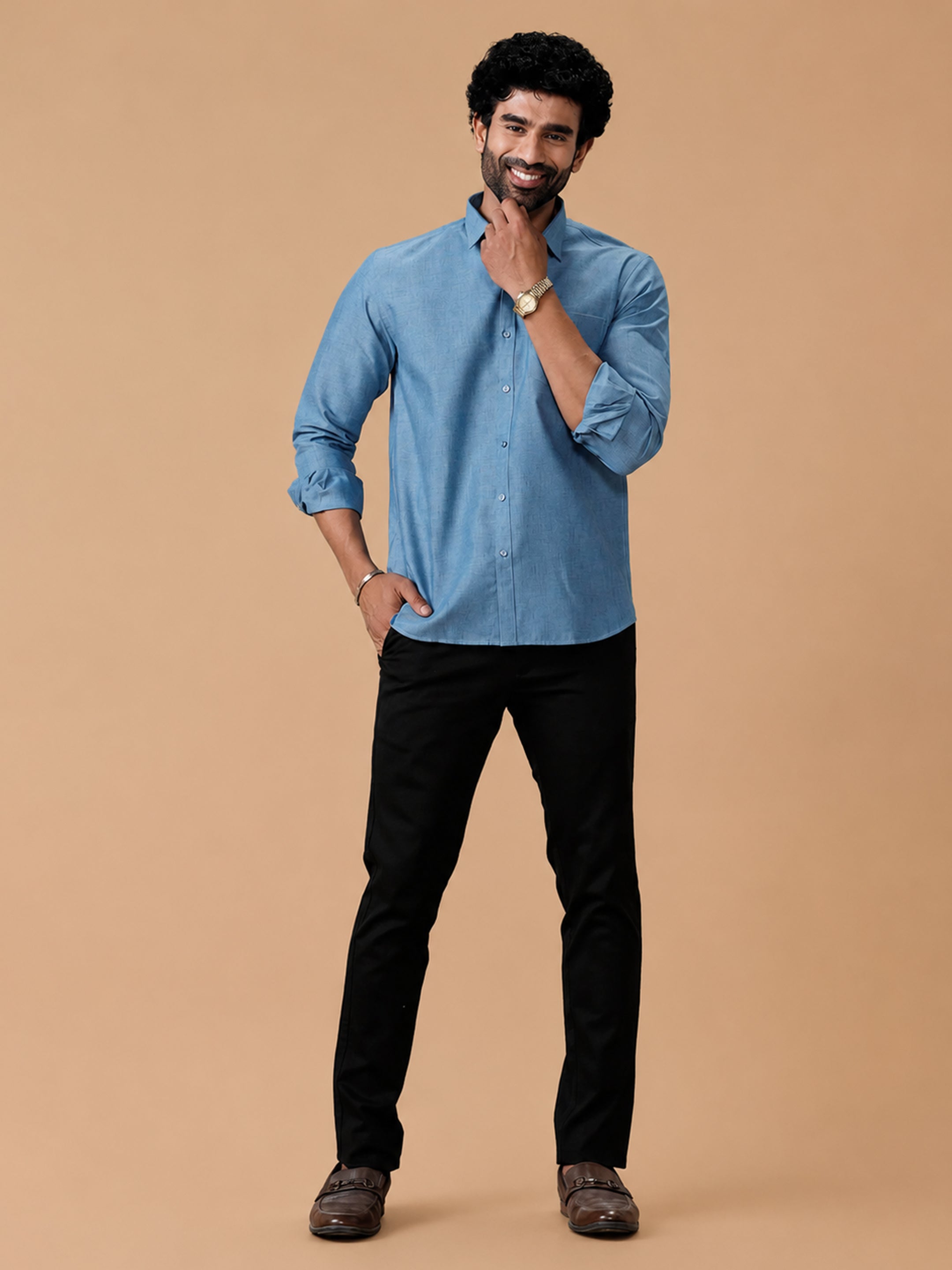 Cotton Rich Deep Blue Regular Fit Shirt Trendy 8 YH6