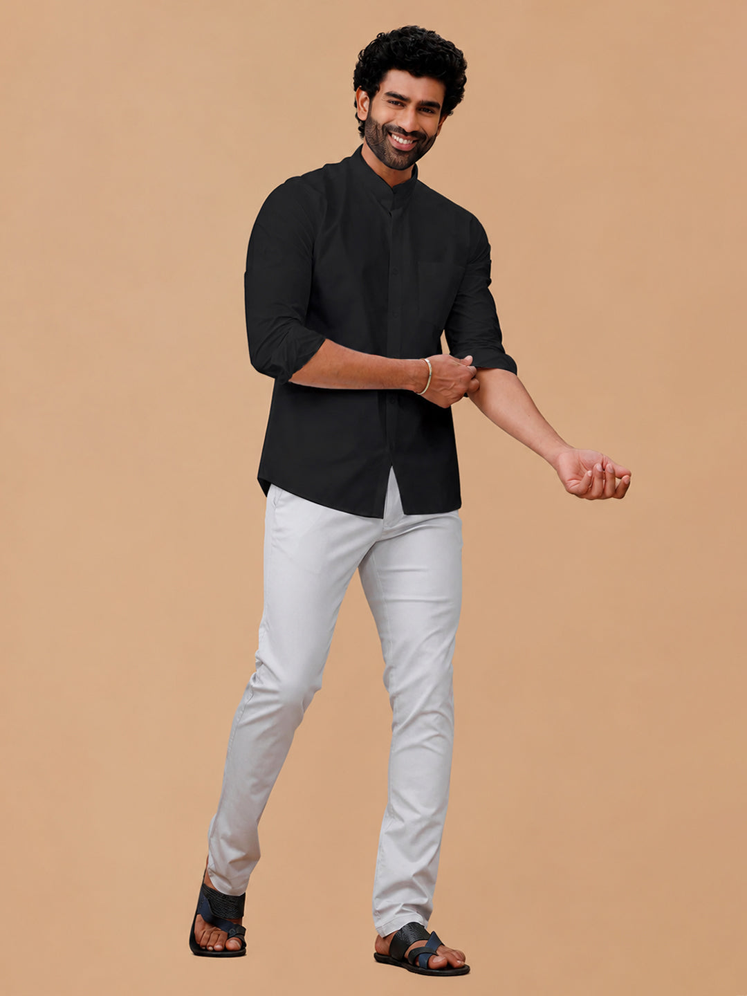 Cotton Rich Chinese Collar Regular Fit Black Shirt
