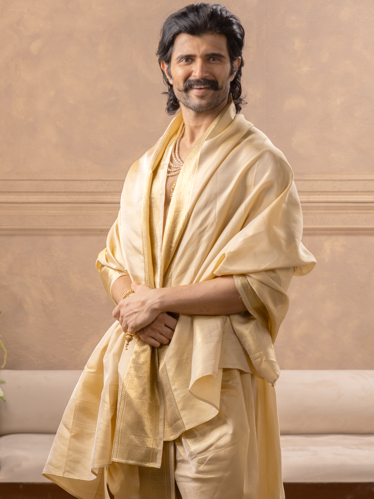 LAGNAA Premium Pure Silk Fawn 2X1 Set | Dhoti / Panchakacham & Towel Set | 4 1/2-Inch Jari Border | Amirtham