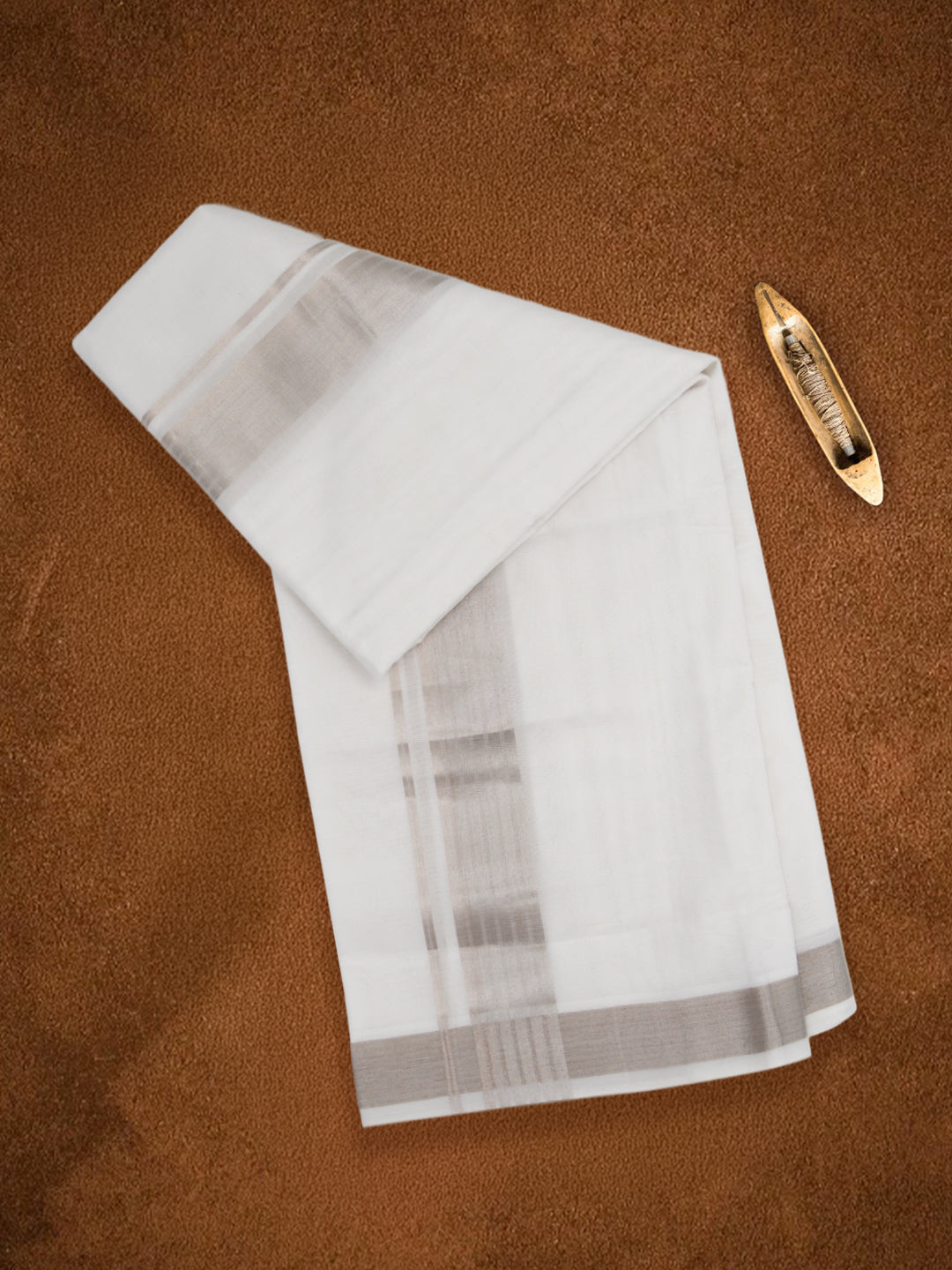 Men Premium Handloom White Dhoti with Silver Jari Border HLM87