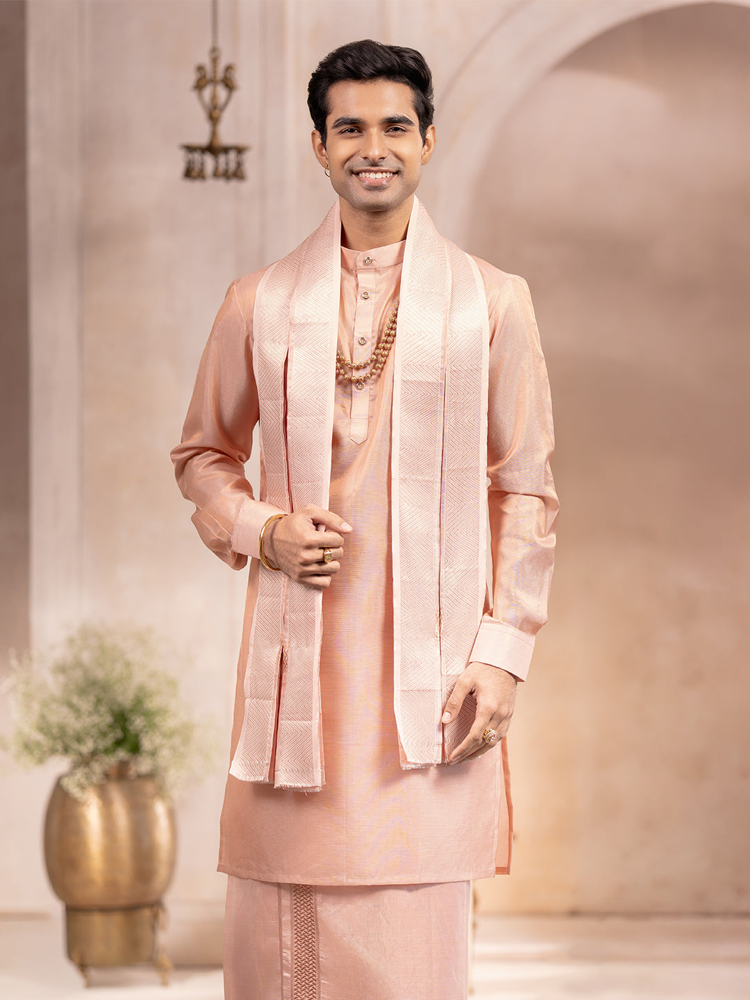 Pure Silk Copper Tissue Weaving Rose Gold Meena Jari Dhoti Shirting & Towel Set with 2½" Jari Border – Rajahamsa