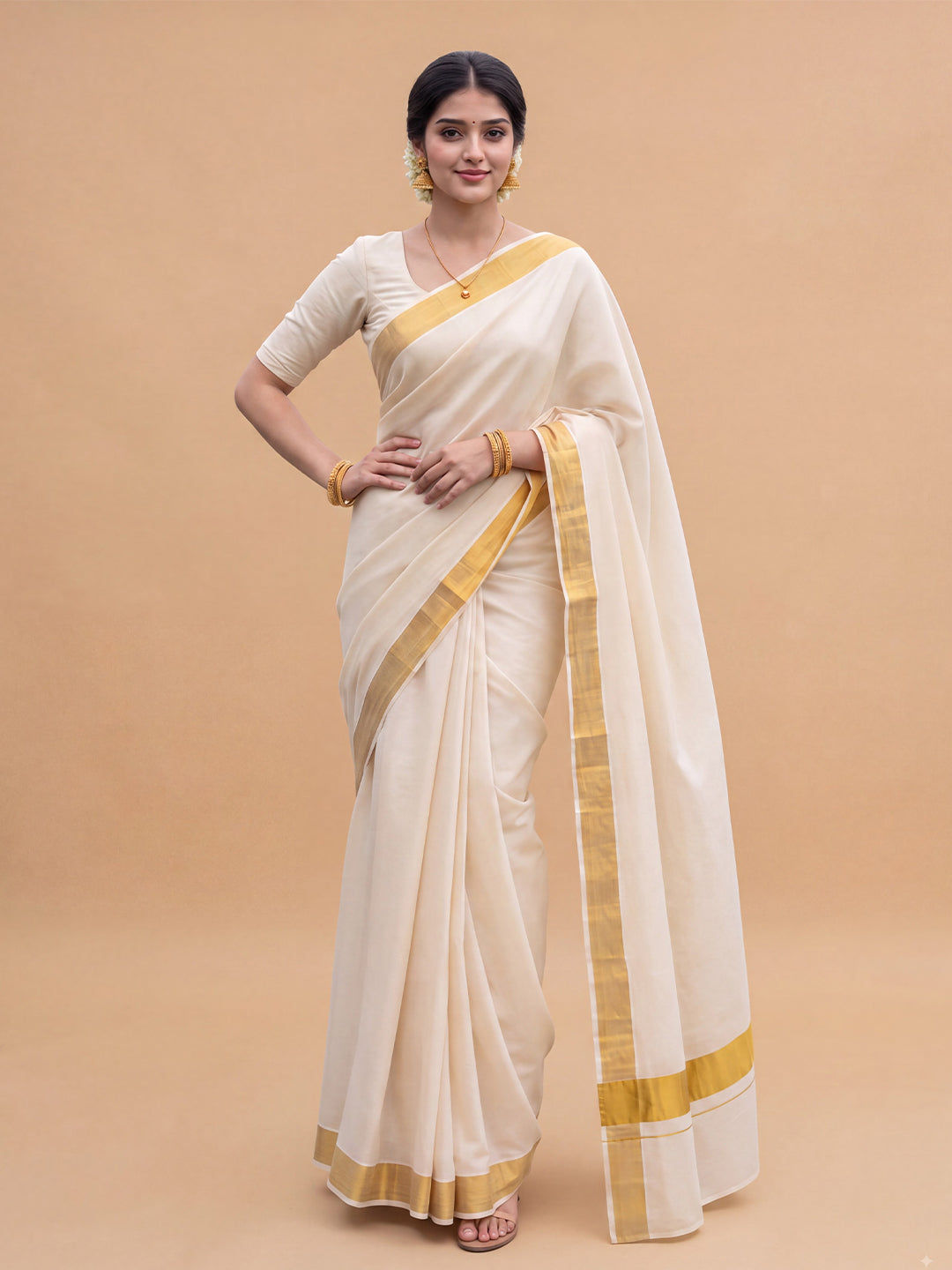 Women Kora Cotton Kerala Saree with Gold Jari KLS66