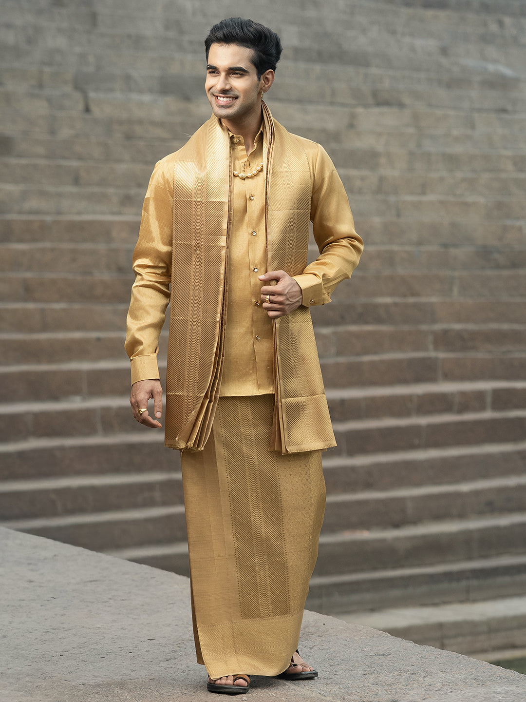 Premium Silk Pure Jari Gold Jacquard Weaving Dhoti Shirting & Towel Set with 5" Jari Border – Rajadharbar