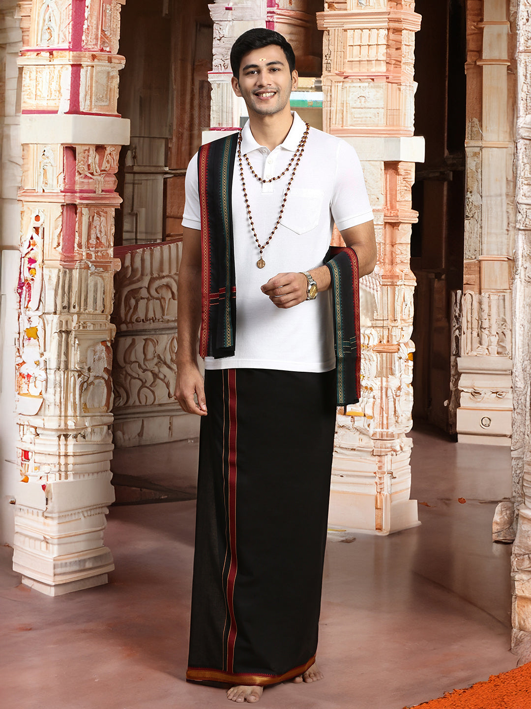 Men Devotional Mayilkhan Border Dhoti with Towel & TShirt Set Black EP1