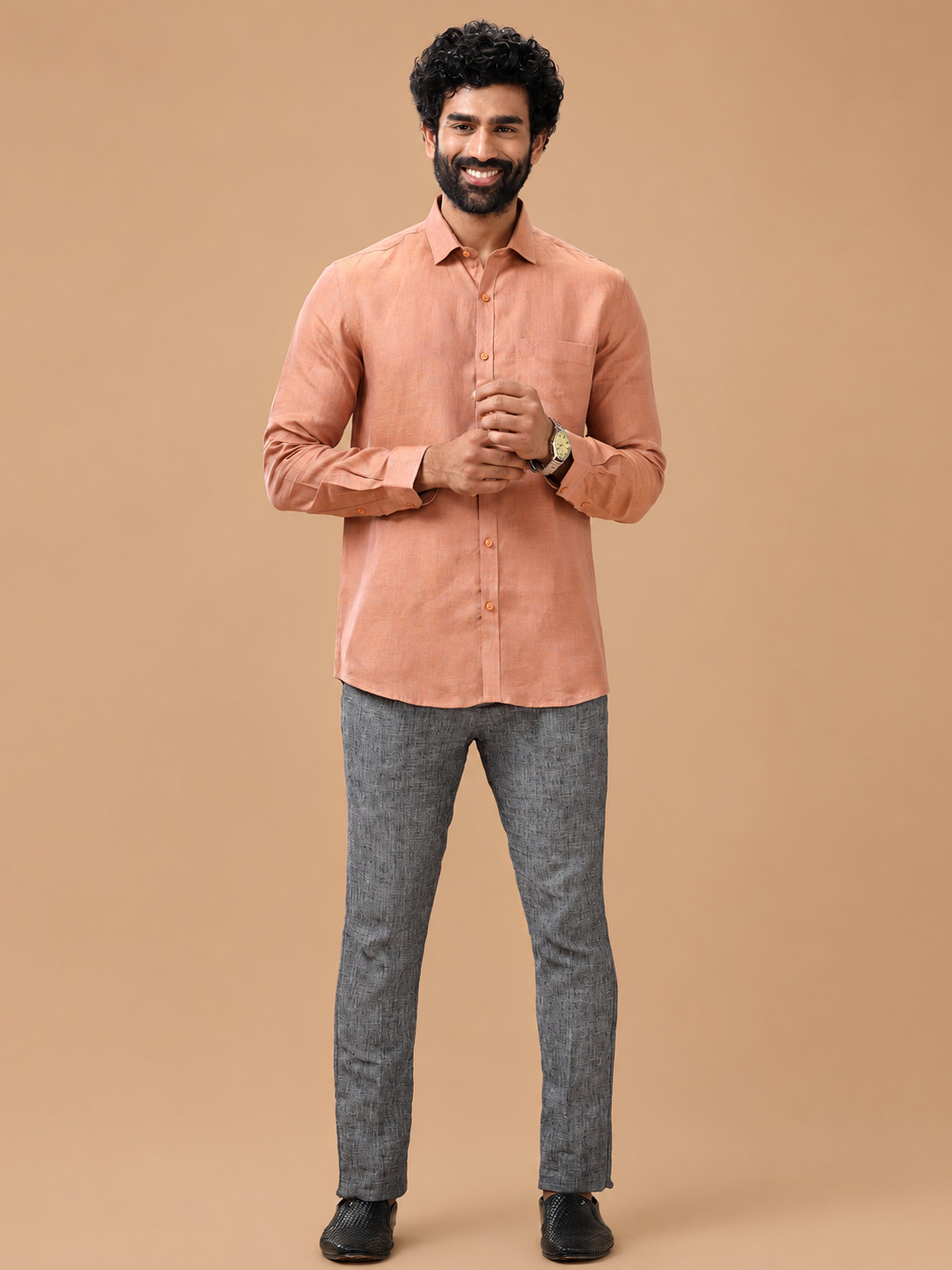 Pure Linen Orange Blue Smart Fit Shirt L80