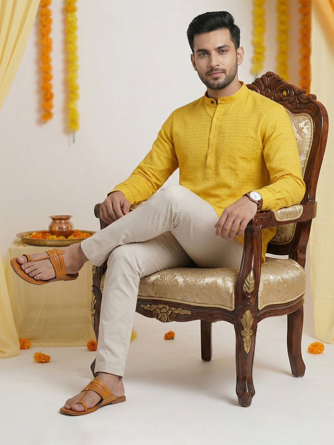 Cotton Short Length Self Design with Checked Pocket Kurta Yellow Gold Glitter Y30