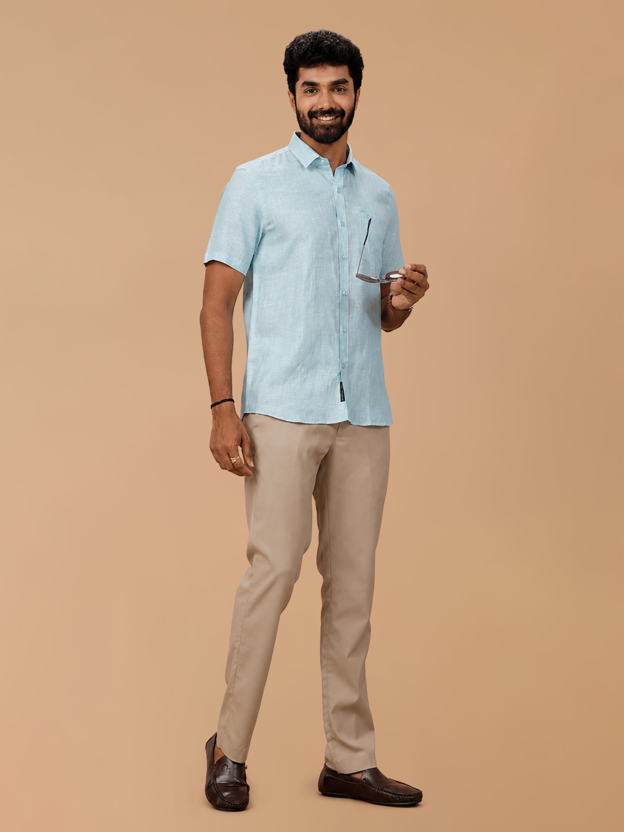 Pure Linen Pale Sky Blue Striped Smart Fit Shirt LS90