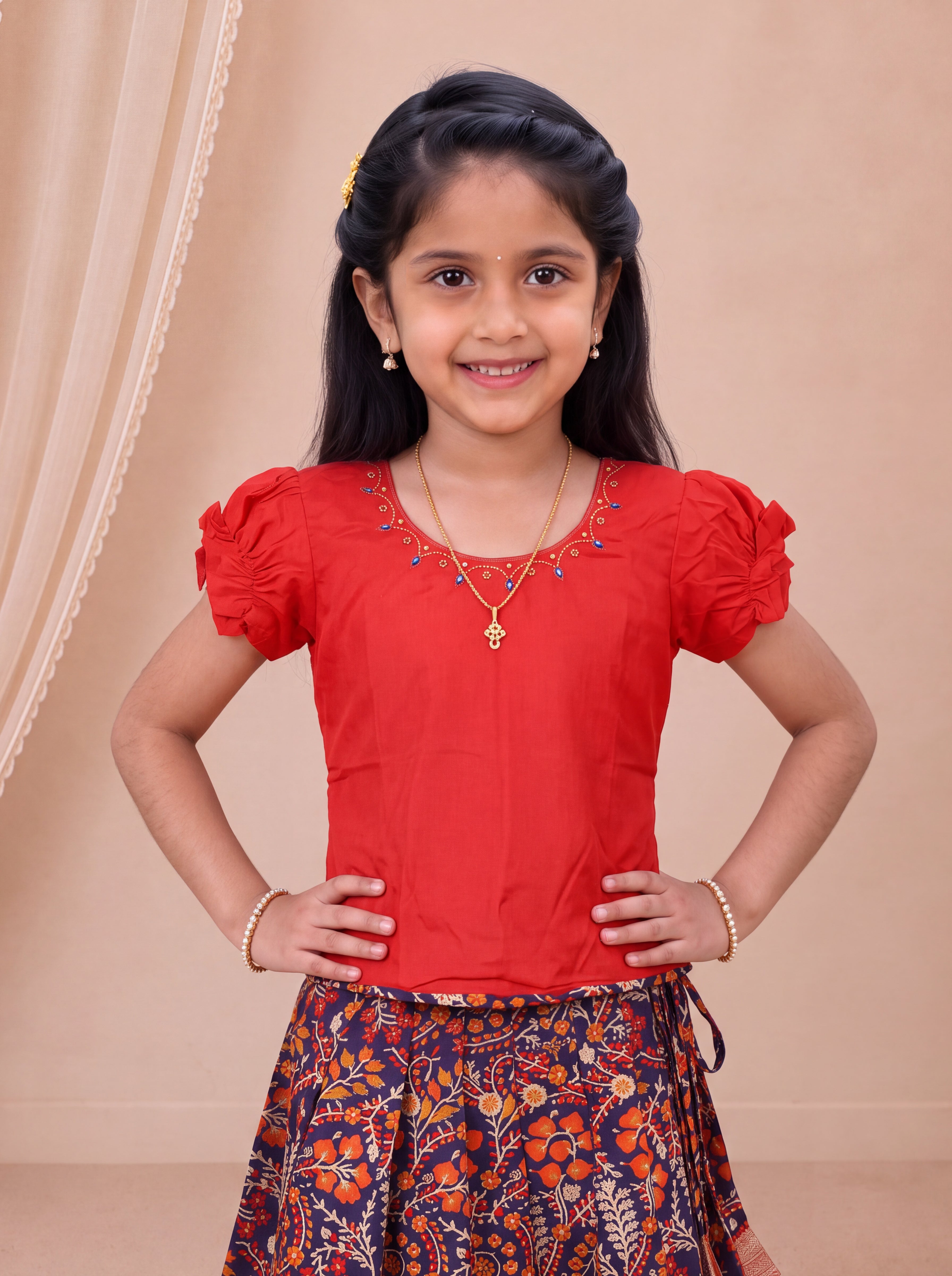Girls Silk Cotton Red with Violet Pattu Pavadai Set GPS60