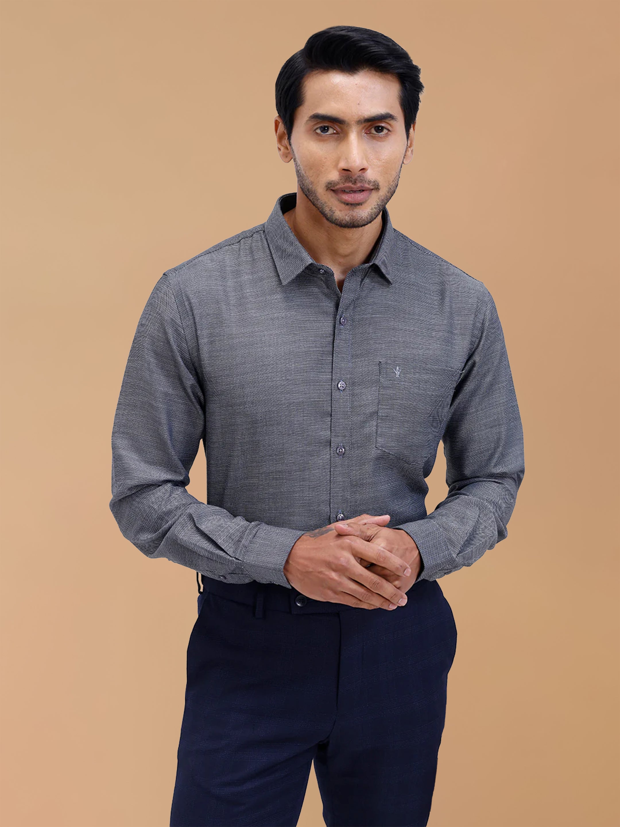 Cotton Rich Grey Black Dobby Regular Fit Shirt T59 AIT5
