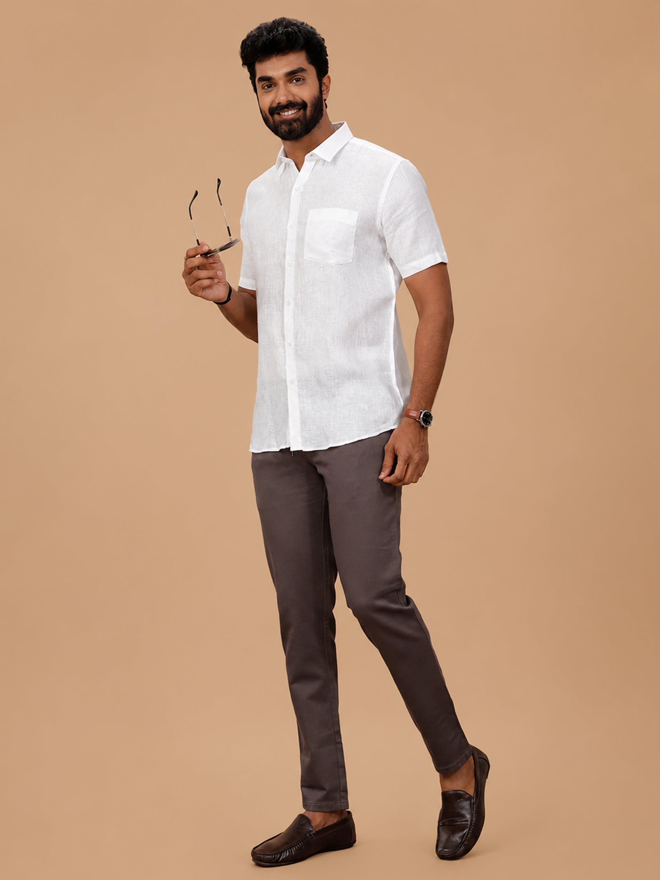 Pure Linen Self Design White Shirt LP1532JF
