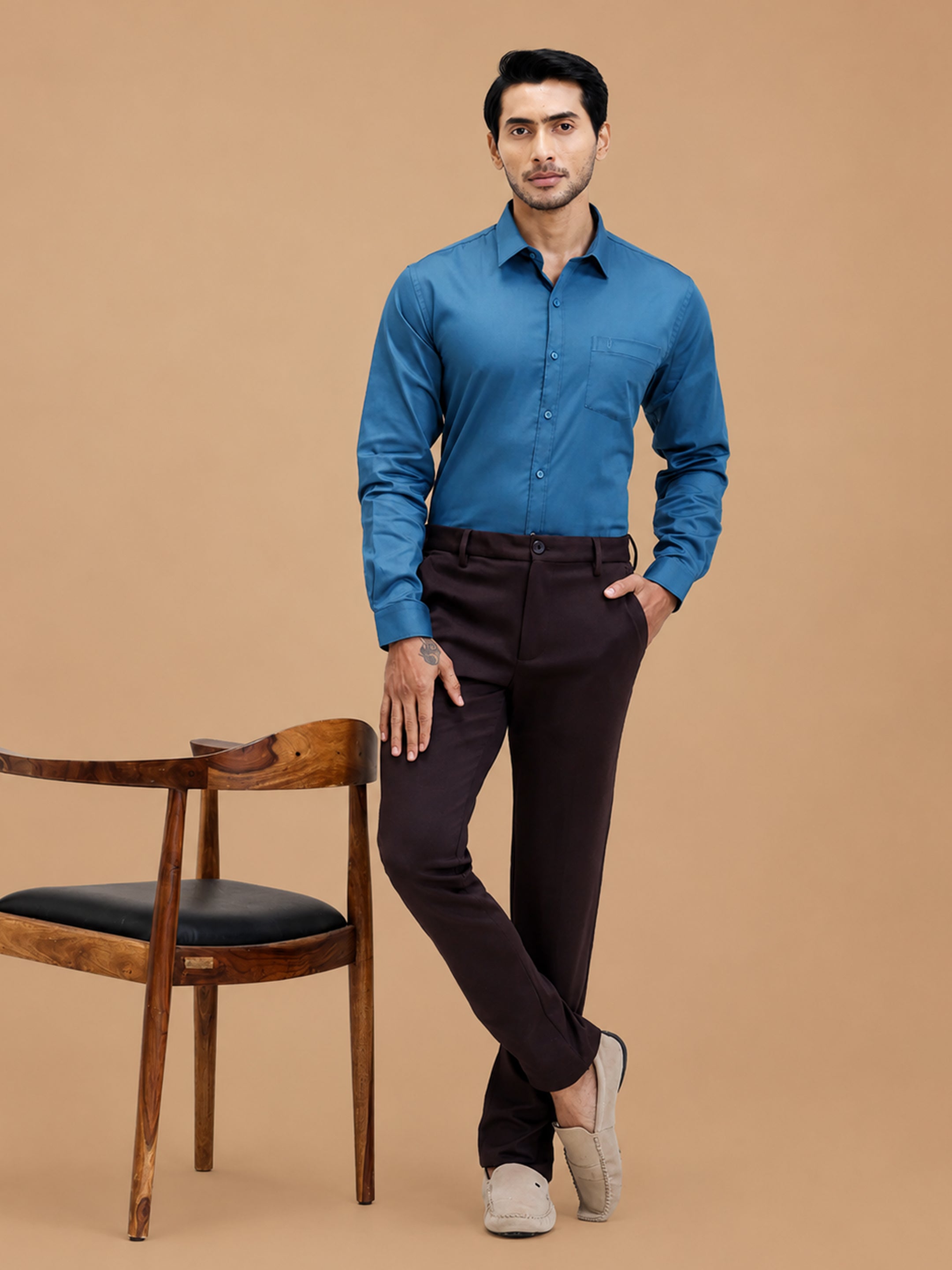Cotton Rich Peacock Blue Regular Fit Shirt T53 ACT3