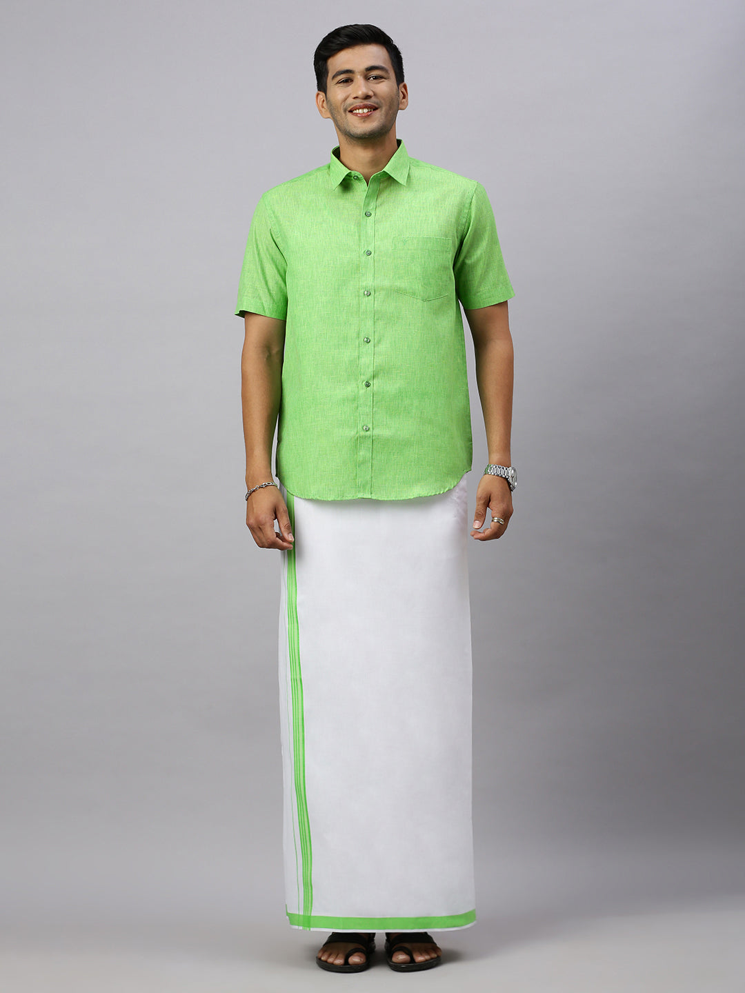 Men Matching Border Adjustable Dhoti & Half Sleeves Shirt Set Green CC6