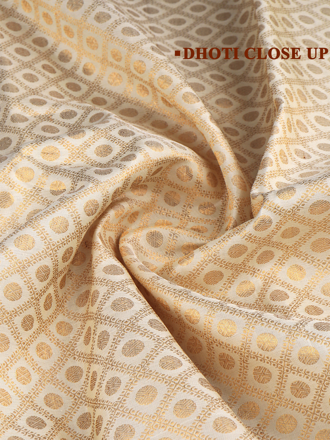 Men Premium Pure Silk Cream Dhoti & Towel Set with 6" inch Gold Jari Border Amirtham AM11